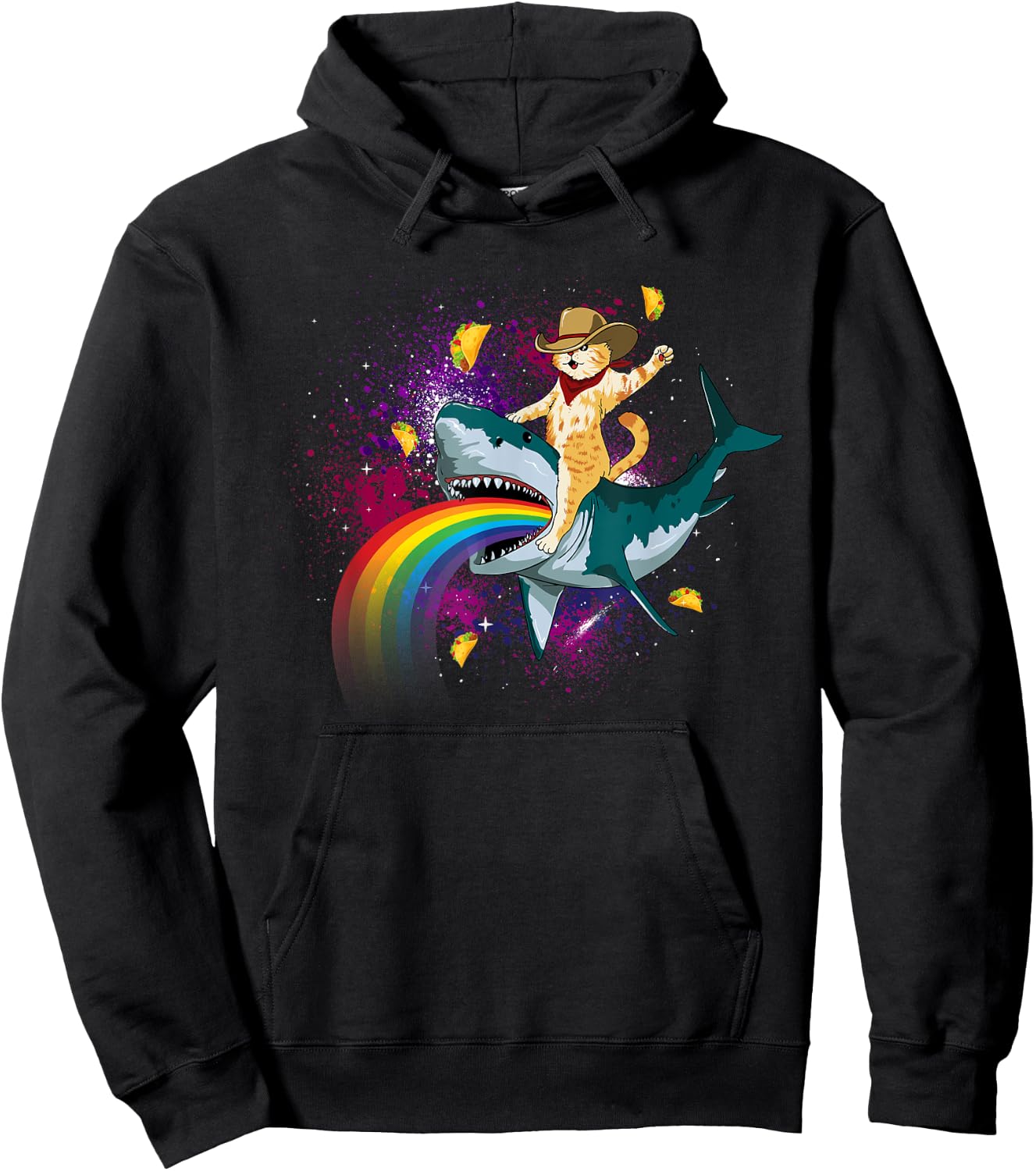 Western Cowboy Cat Riding A Shark In Taco Space Rainbow Hoodie - Hoodie | Black