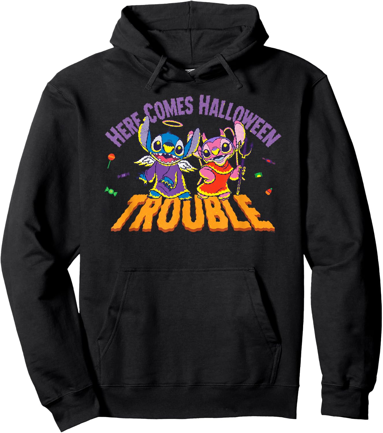 Disney Stitch & Angel Here Comes Halloween Trouble Hoodie - Hoodie | Black