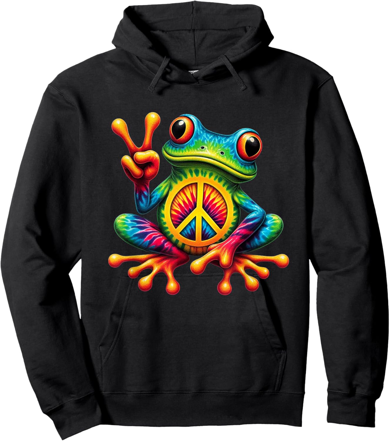 Tie-Dye Frog Holding Peace Sign Funny Hippie Hoodie - Hoodie | Black