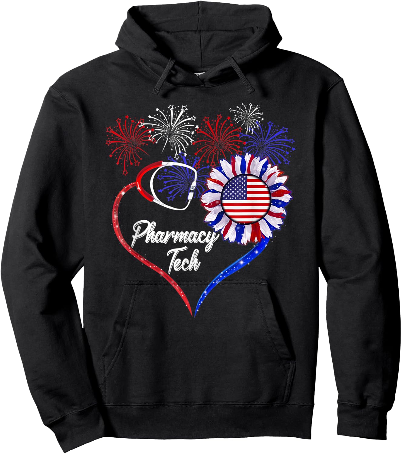 Patriotic Pharmacy Tech Sunflower 4th Of July American Flag Men Hoodie - Hoodie | Black