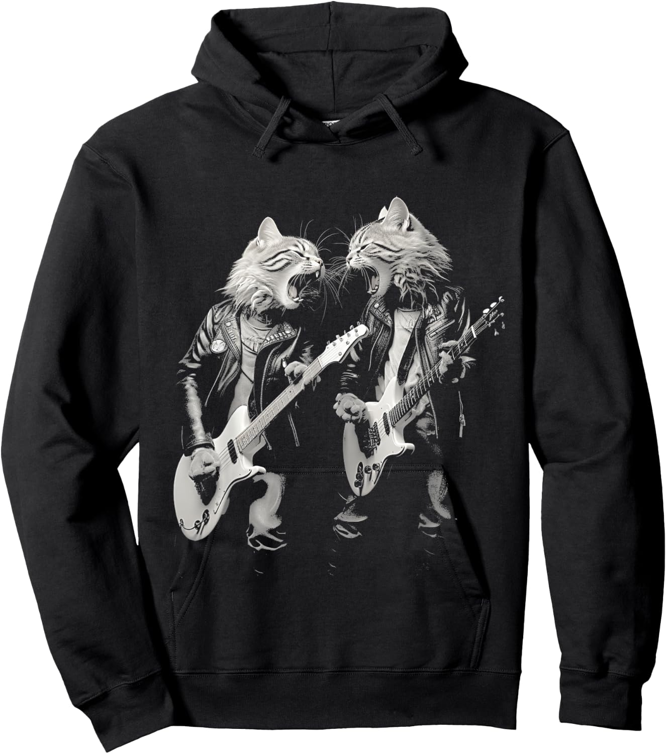 Rock Cat Playing Guitar Funny Guitar Cat Design Hoodie - Hoodie | Black