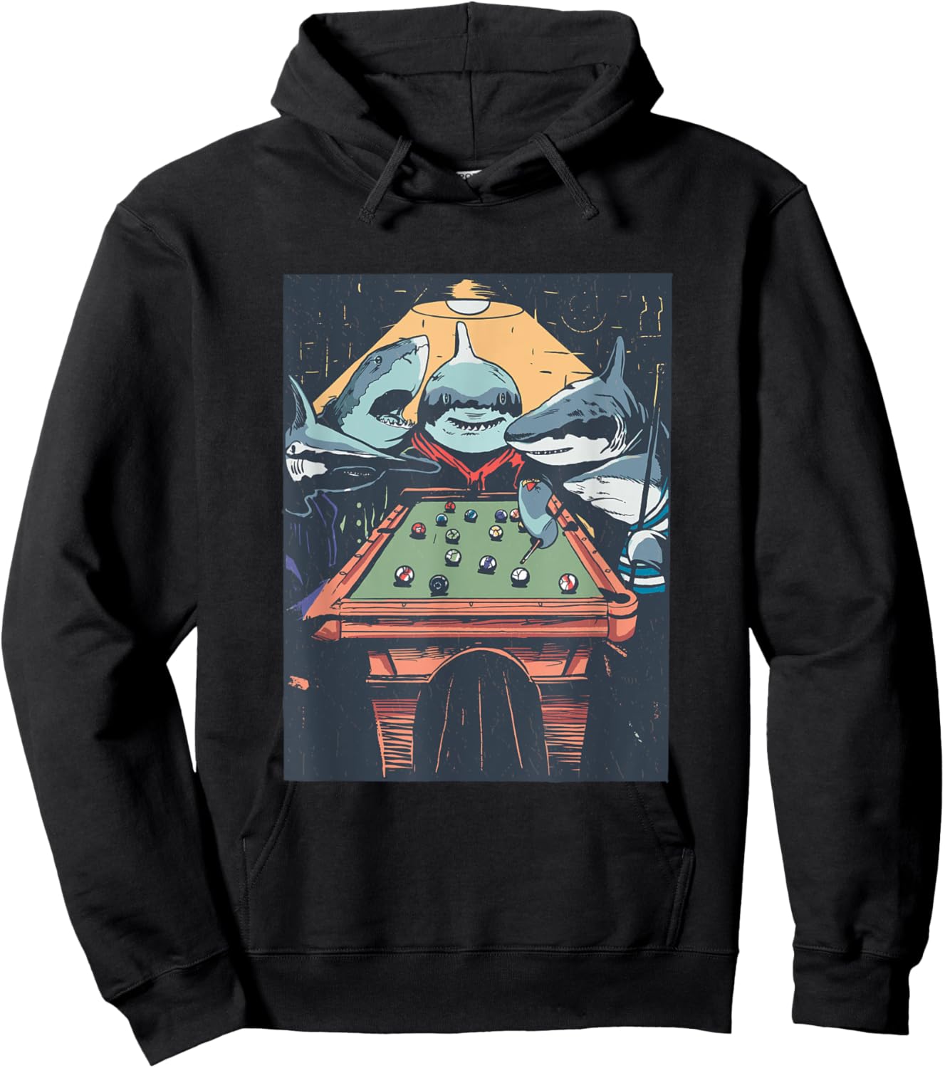 Sharks Playing Pool Billiard Funny Cartoon Animal Graphic Hoodie - Hoodie | Black