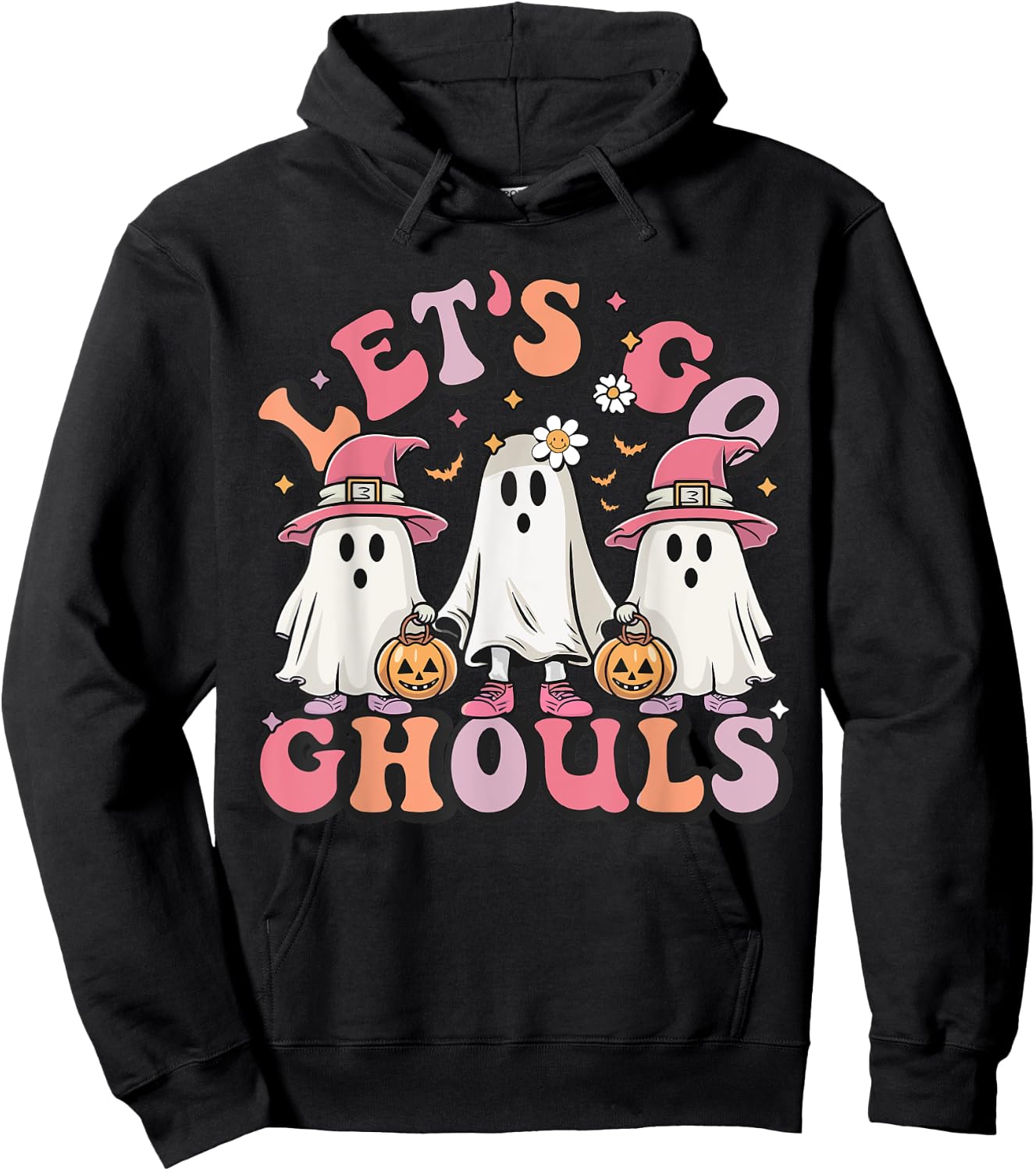 Women Let's Go Ghouls Halloween Ghost Costume Retro Groovy Hoodie - Hoodie | Black