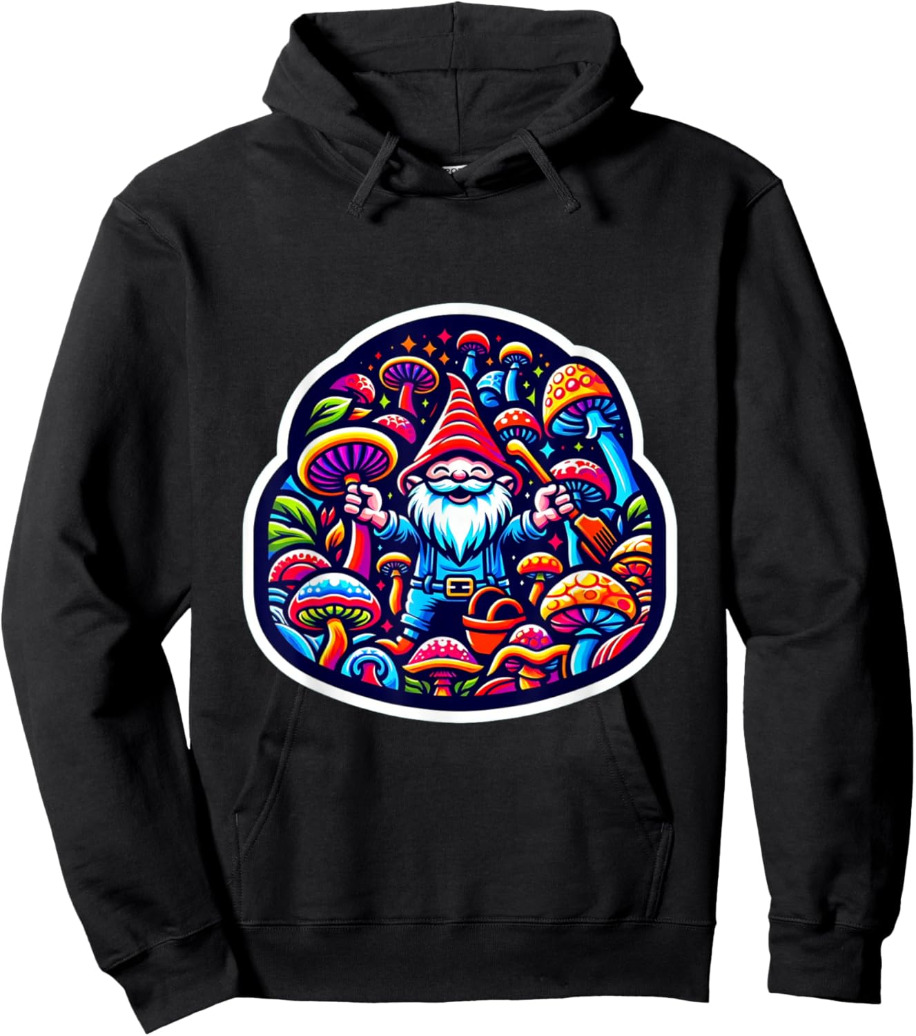 Trippy Gnome Mushroom Garden EDM Festival Rave Essential Hoodie - Hoodie | Black