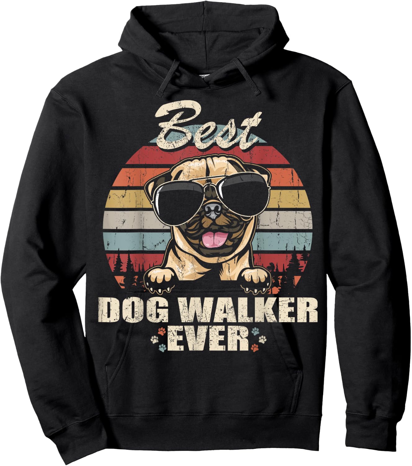Pug Best Dog Walker Ever Funny Quote Vintage Women Kids Hoodie - Hoodie | Black