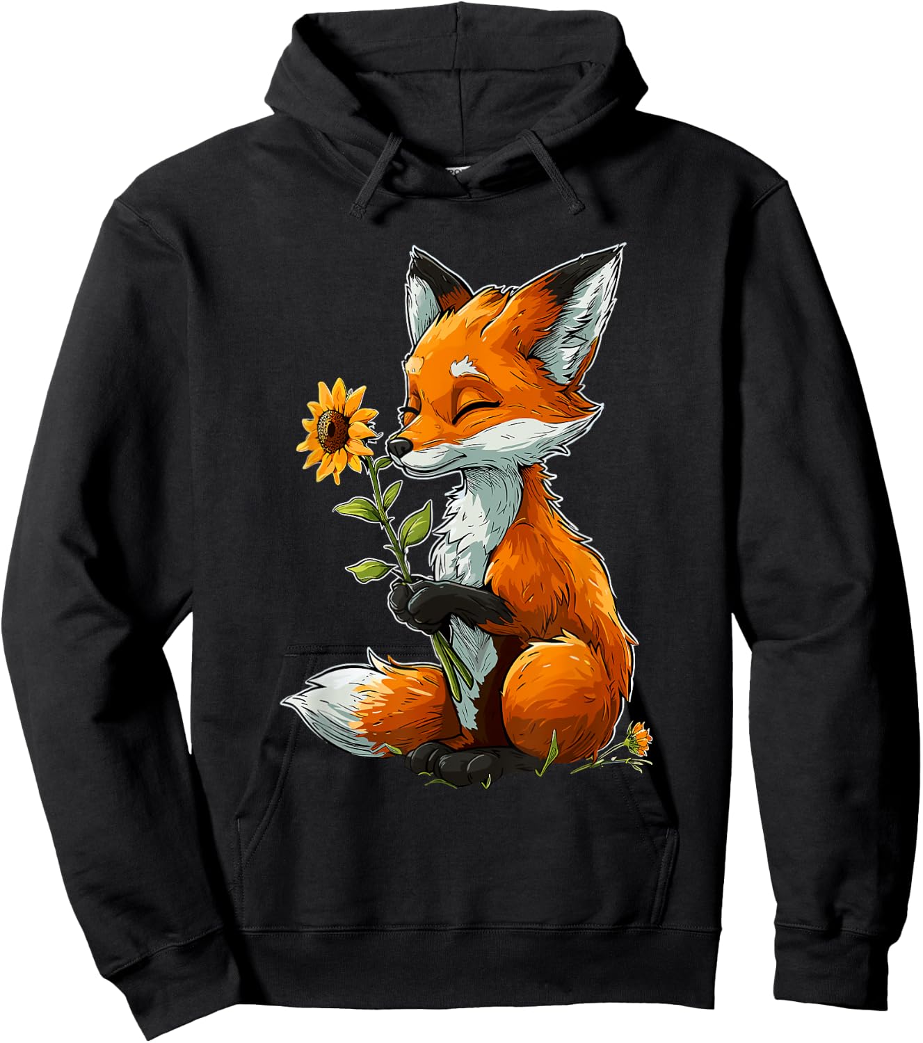 Red Fox Holding Sunflower Cute Red Fox Hoodie - Hoodie | Black