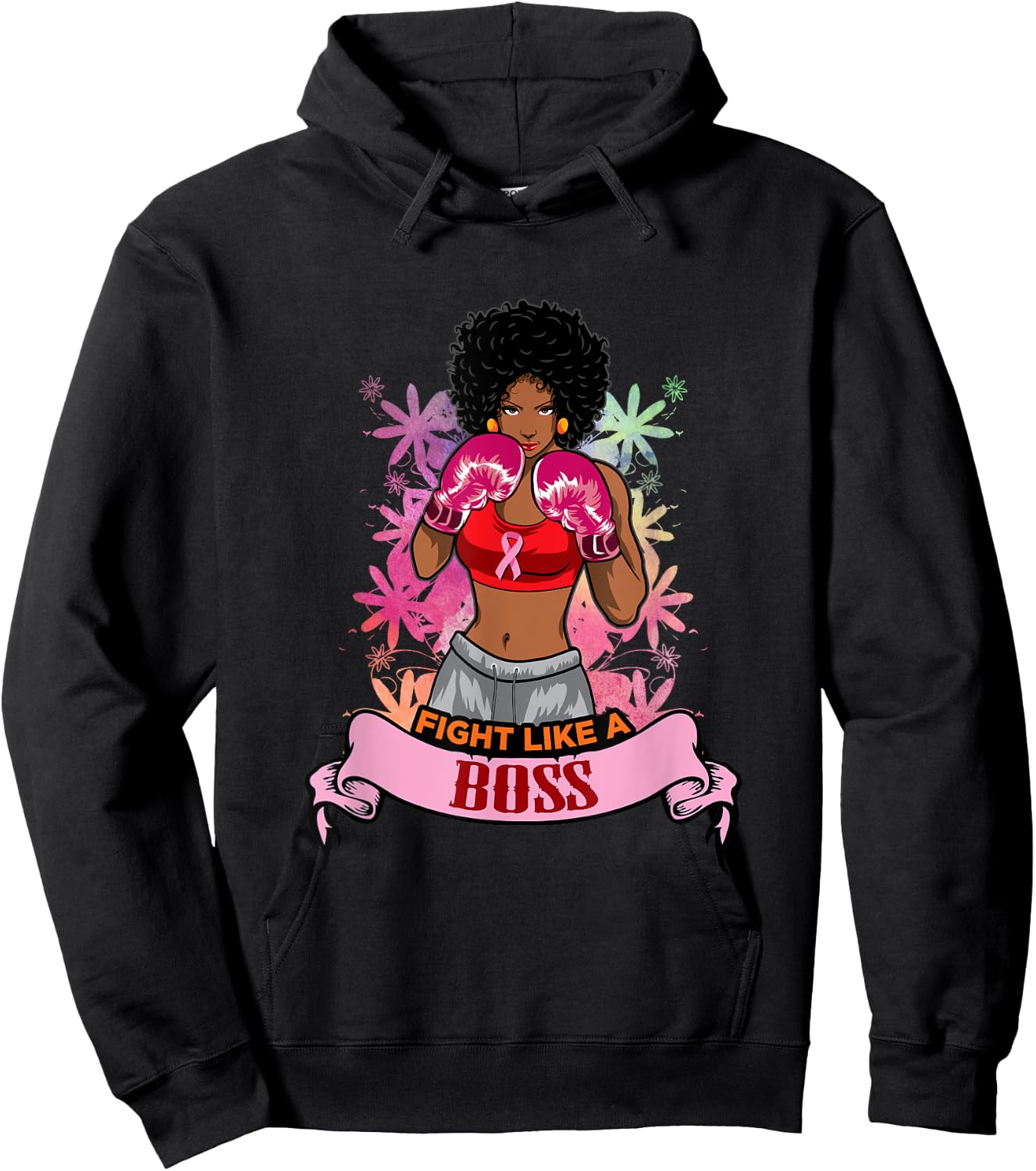 Black Girl Pink Warrior Breast Cancer Awareness Boxing Hoodie - Hoodie | Black