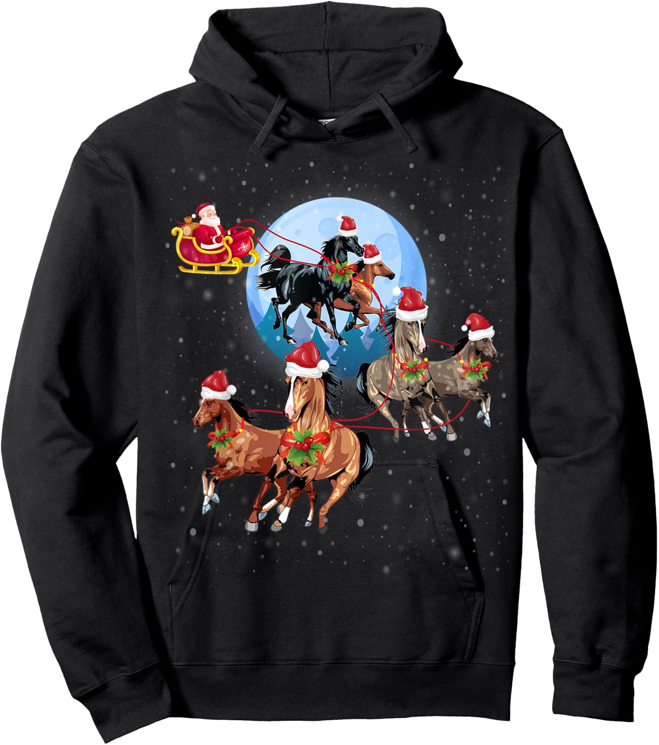 Horse Drawn Sleigh Riding Santa Claus Xmas Horses Funny Hoodie - Hoodie | Black