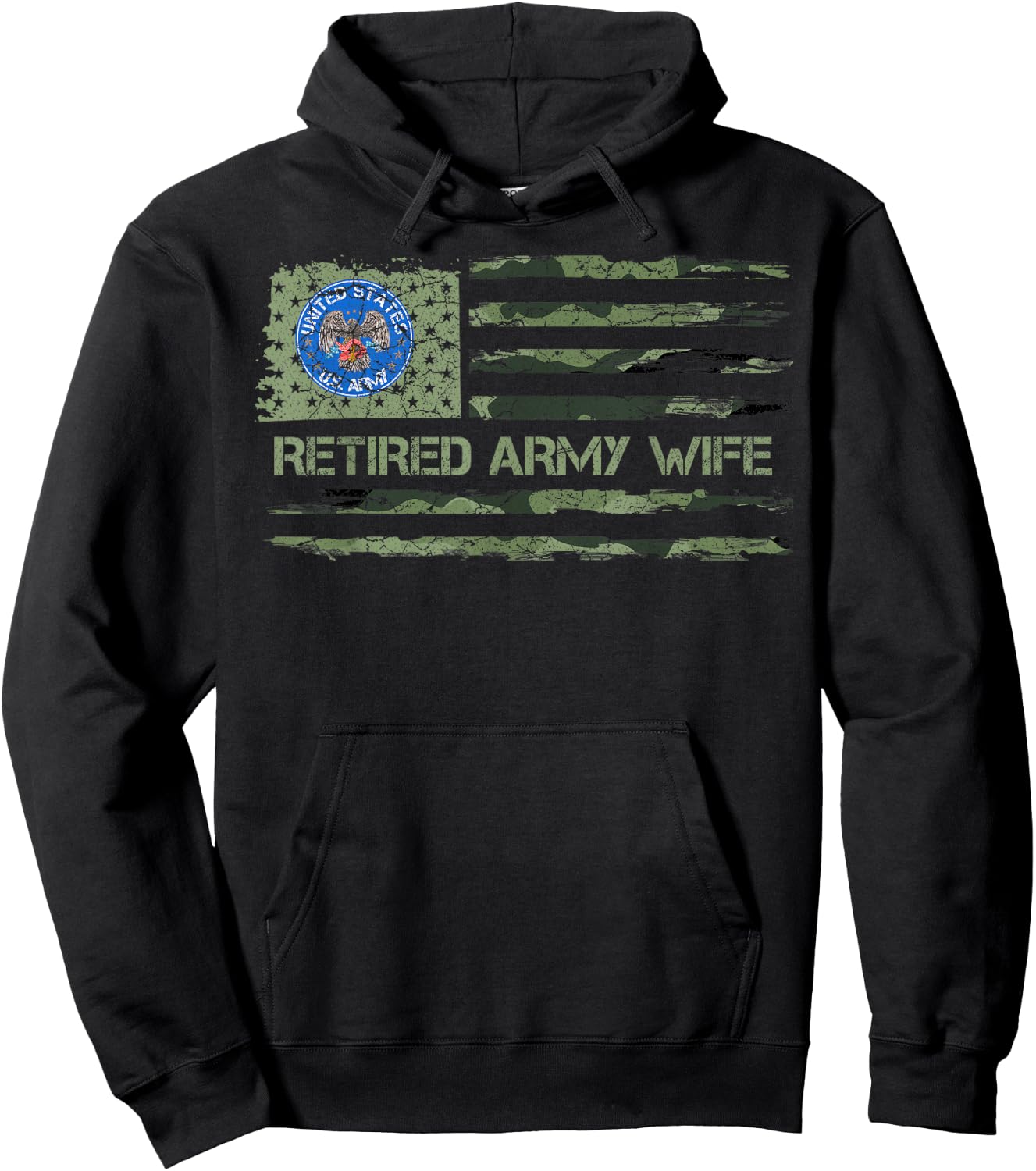 Vintage USA American Camo Flag Retired US Army Veteran Wife Hoodie - Hoodie | Black