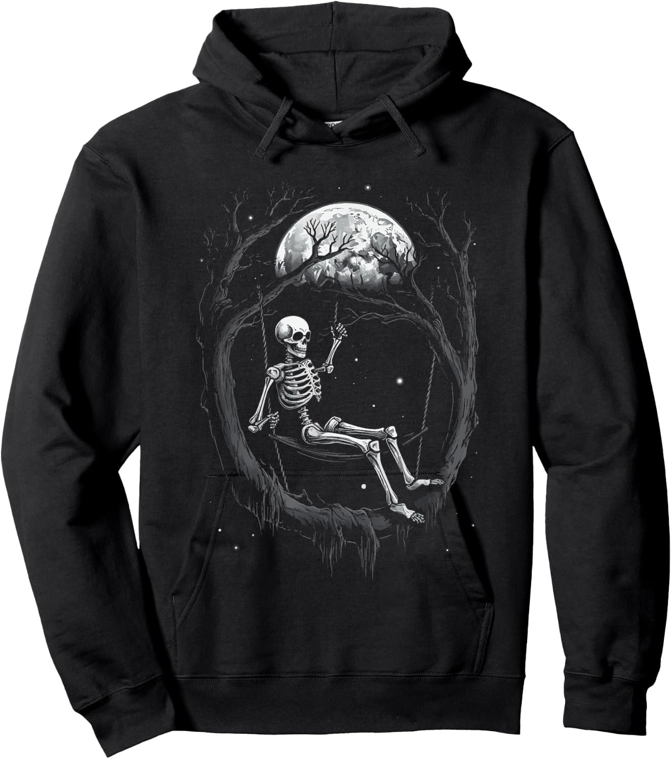 Skeleton Swinging on Moon Hoodie - Hoodie | Black