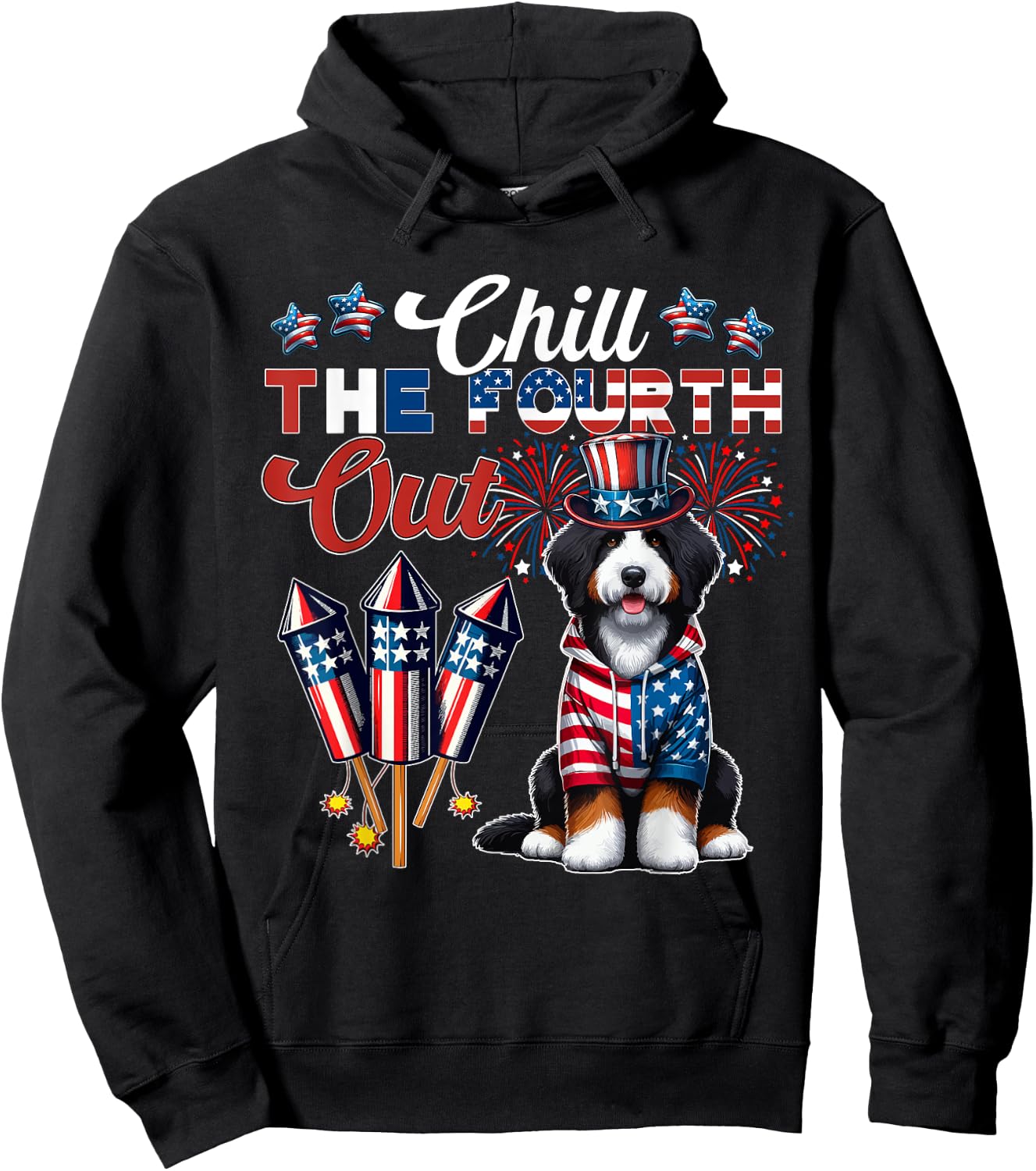 Chill The Fourth Out Costume 4th Of July Cute Bernedoodle Hoodie - Hoodie | Black