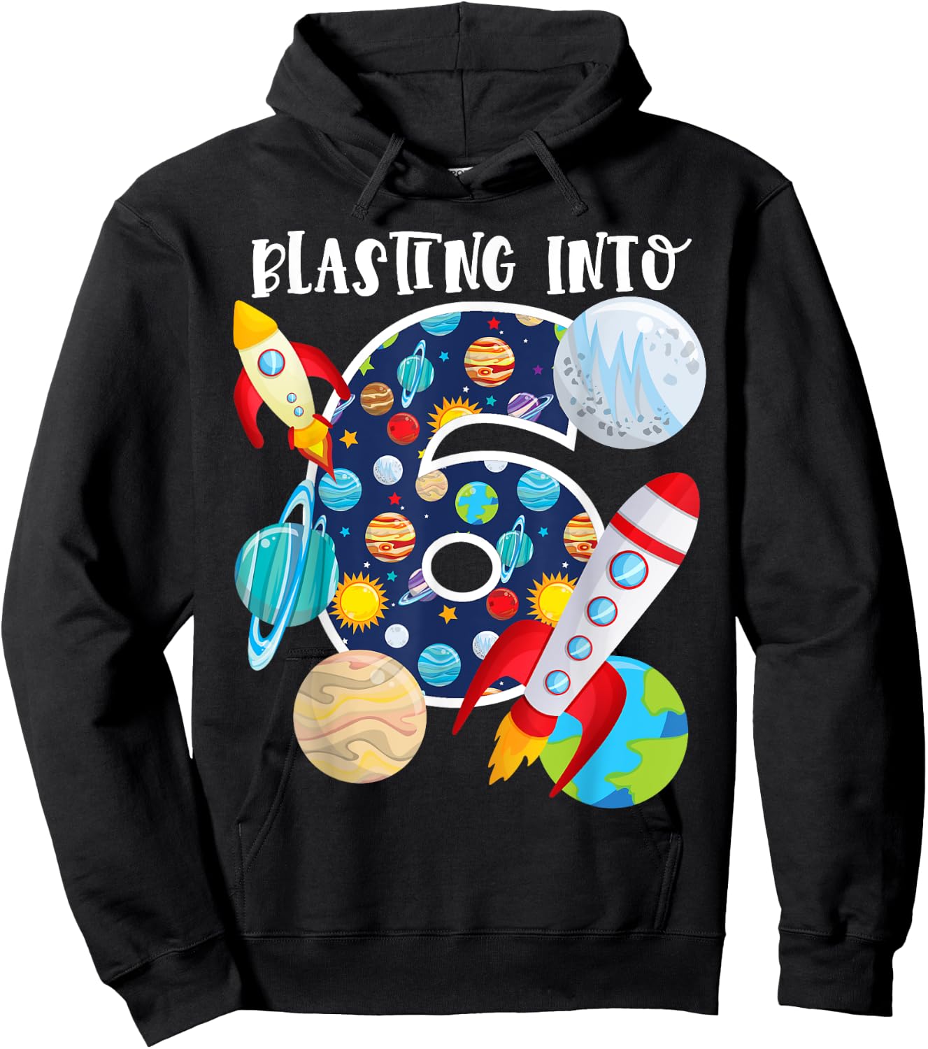 Blasting Into Outer Space 6 Year Old 6th Birthday Party Kids Hoodie - Hoodie | Black