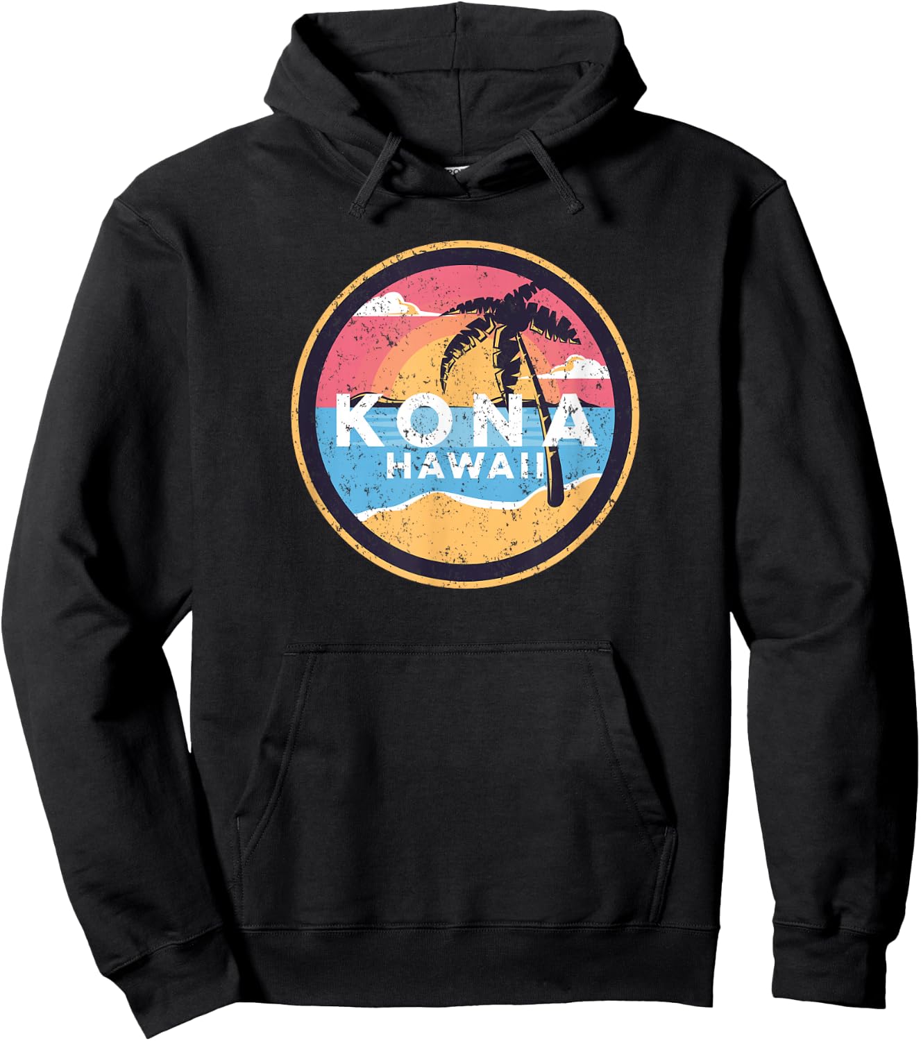 Kona Hawaii Vintage Distressed Surfer Beach Palm Tree Sunset Hoodie - Hoodie | Black