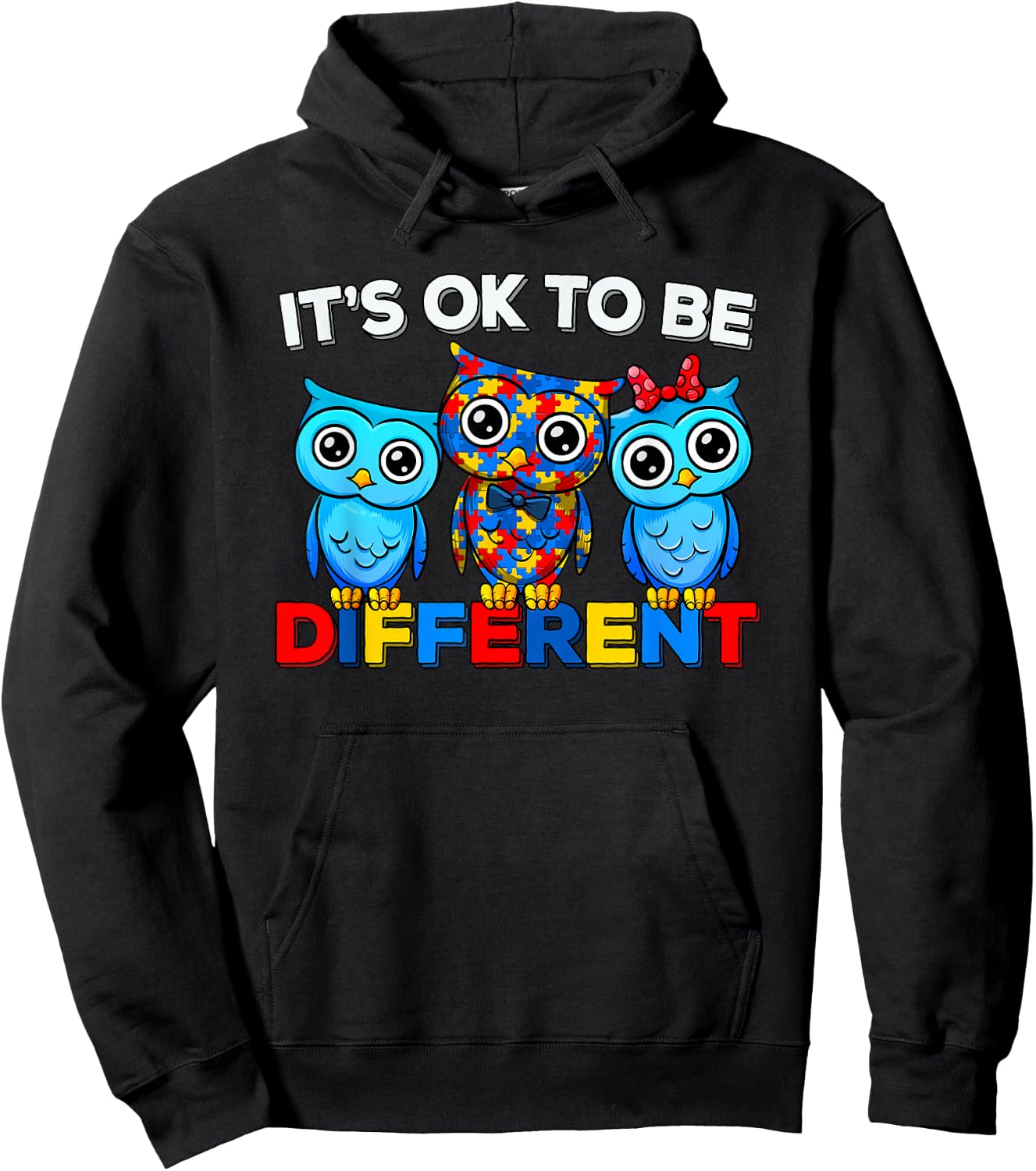 Support Autism Puzzle Autism Awareness Cute Owl Animal It's Ok To Be Different -Kids and Adults Black Hoodie - Hoodie | Black