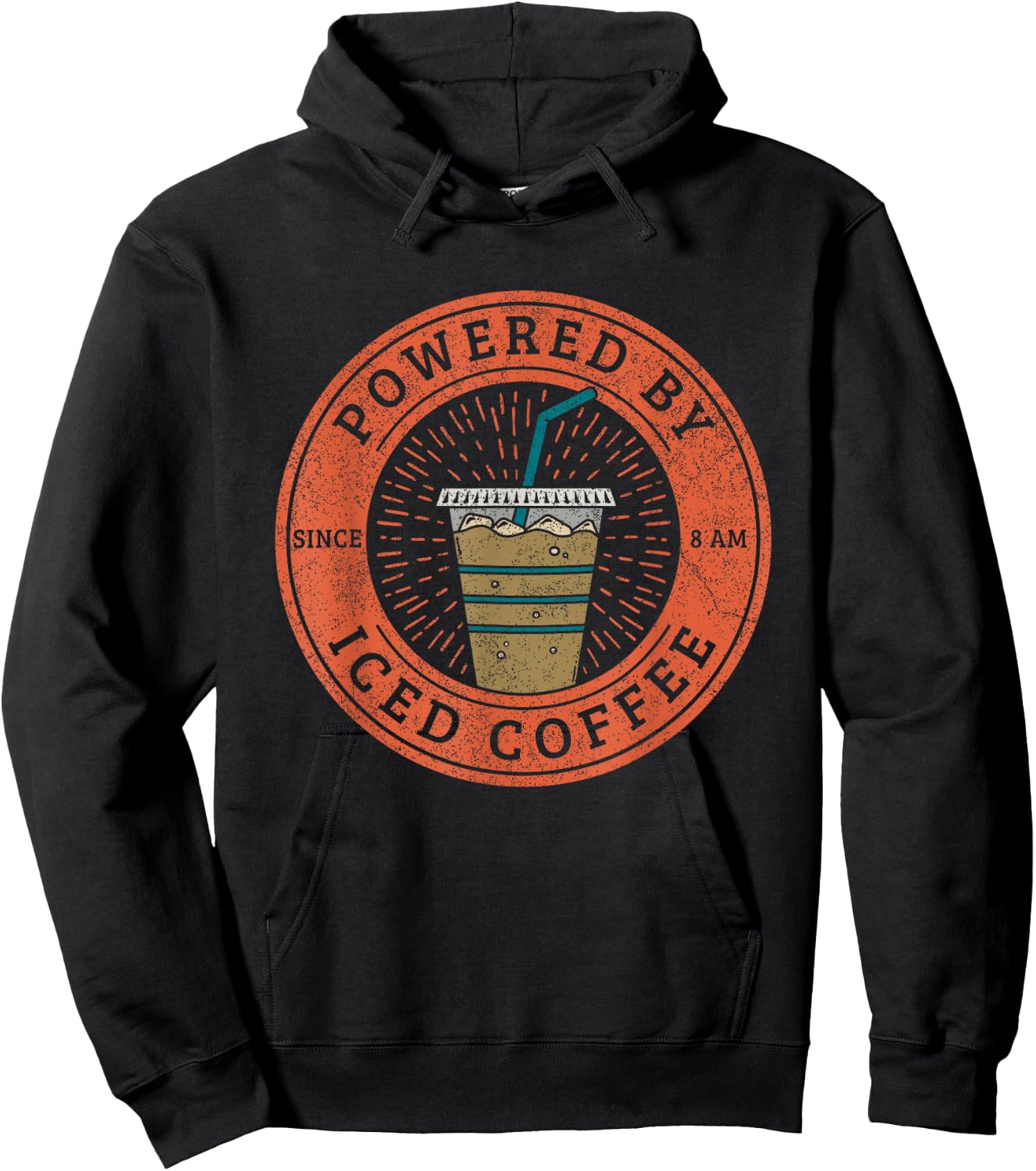 Lisa Norris Artworks Cute Powered by Iced Coffee - Black, -Adults, Small, Short Sleeve, Modern Casual, Fun, Ice Coffee Hoodie - Hoodie | Black