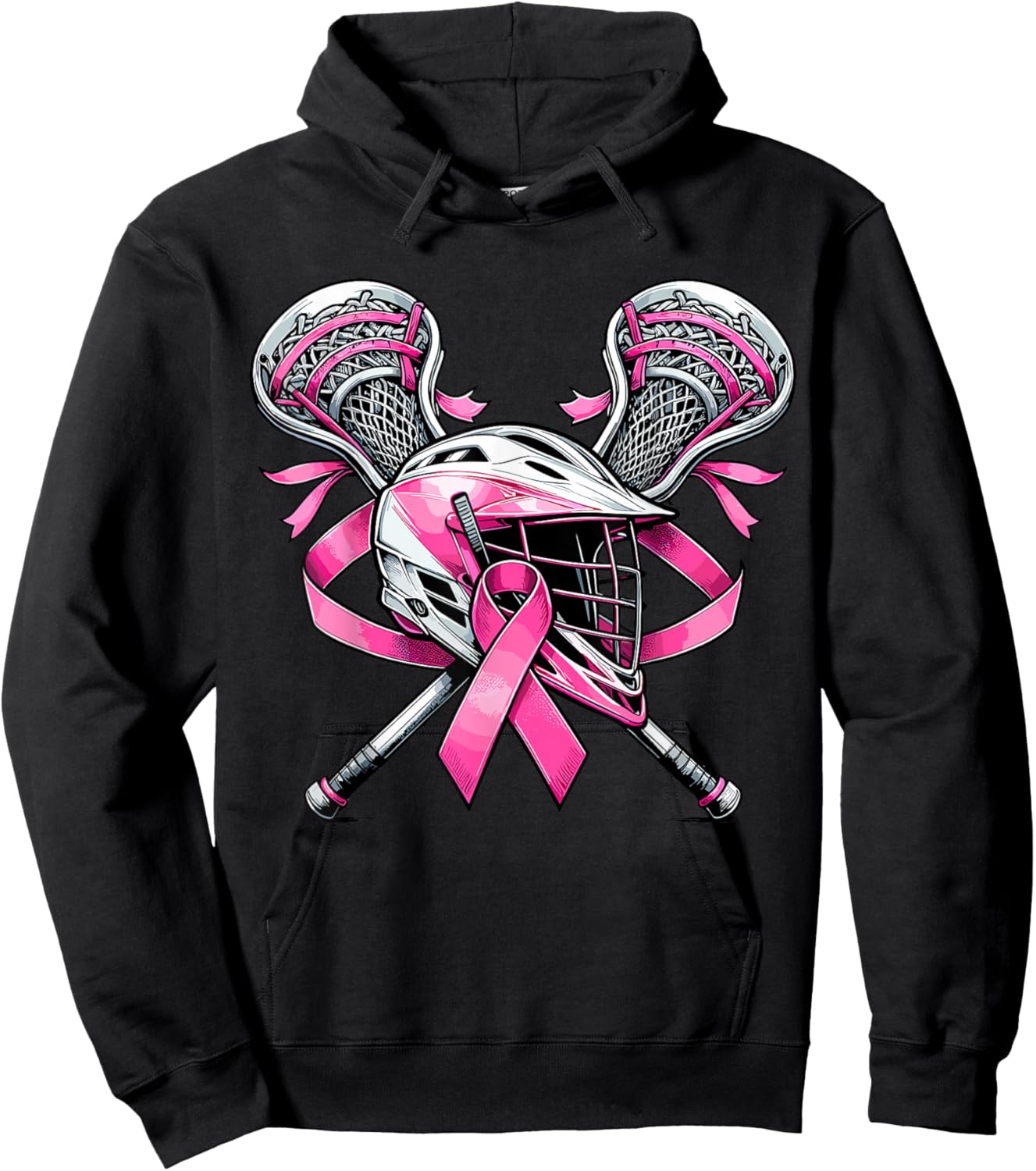 Lacrosse Pink Ribbon Breast Cancer Awareness Sport Lover Hoodie - Hoodie | Black