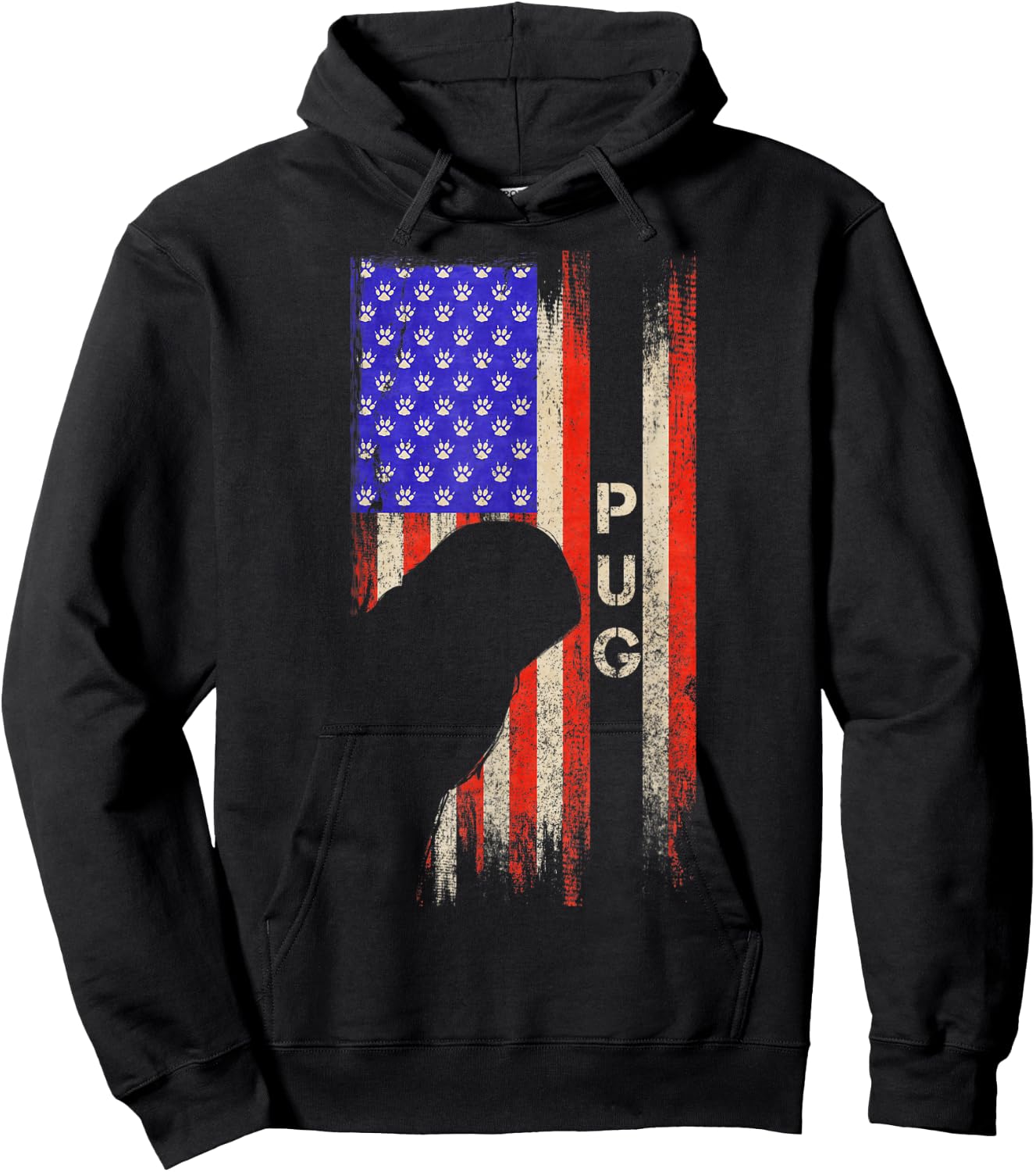 Vintage USA American Flag Pug Dog Silhouette Distressed Kids Men Hoodie - Hoodie | Black