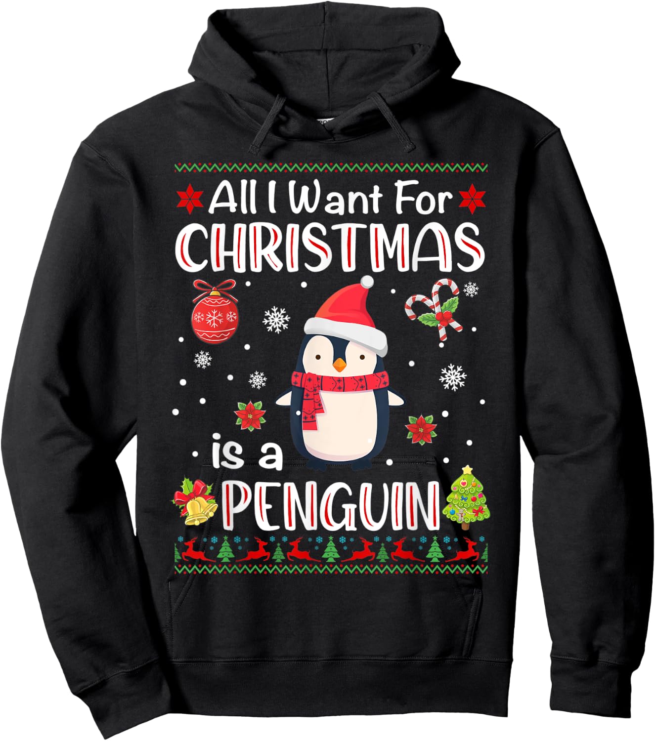 All I Want Is A Penguin For Christmas Ugly Xmas Pajamas Hoodie - Hoodie | Black