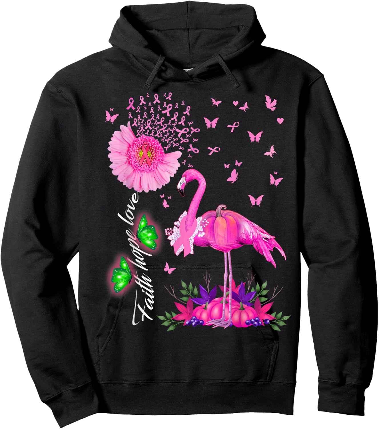 Flamingo Faith Hope Love Pink Pumpkin Ribbon Breast Cancer Hoodie - Hoodie | Black