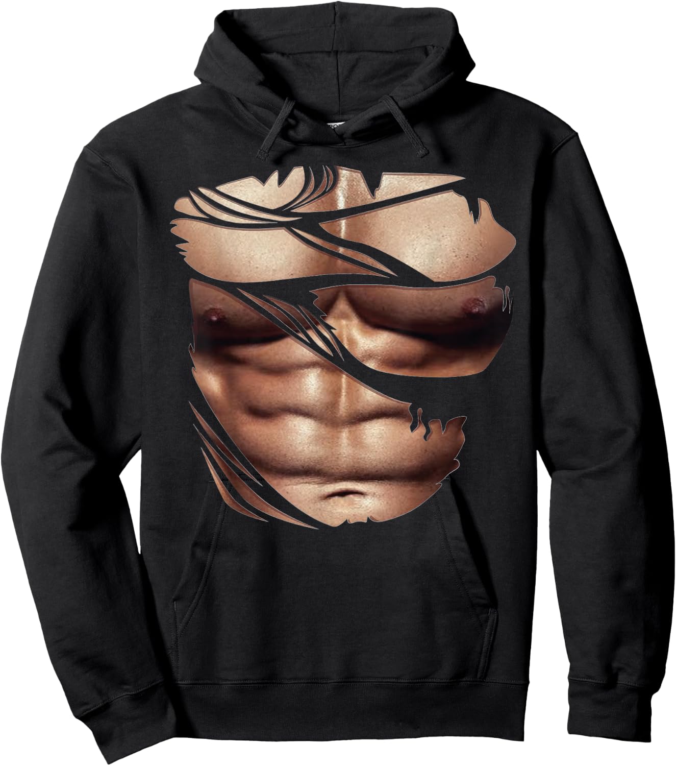 Fake Muscles Torn Breast Six Pack Abs Hoodie - Hoodie | Black