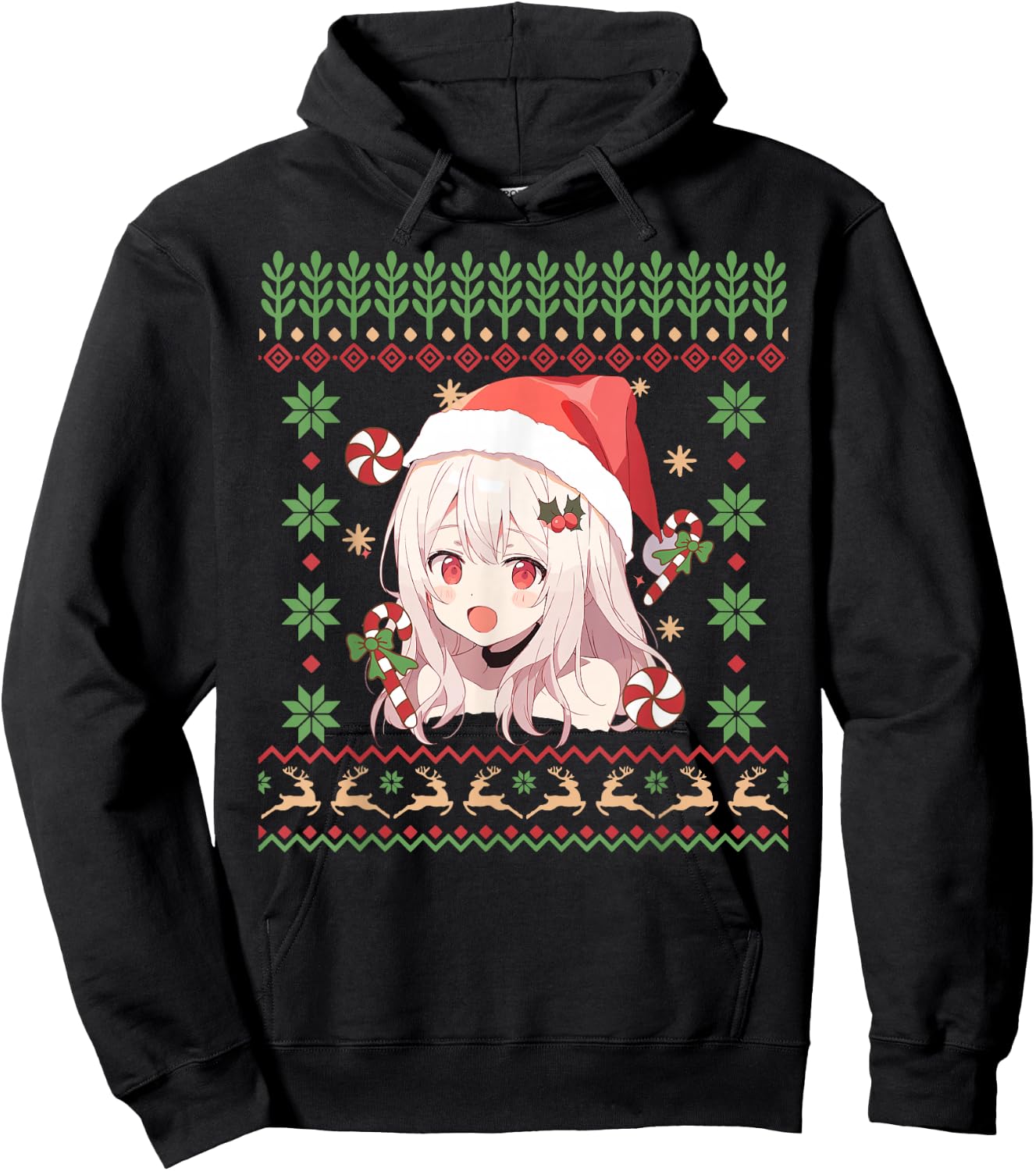 Cute Anime Girl Santa Hat Ugly Sweater Anime Otaku Christmas Hoodie - Hoodie | Black