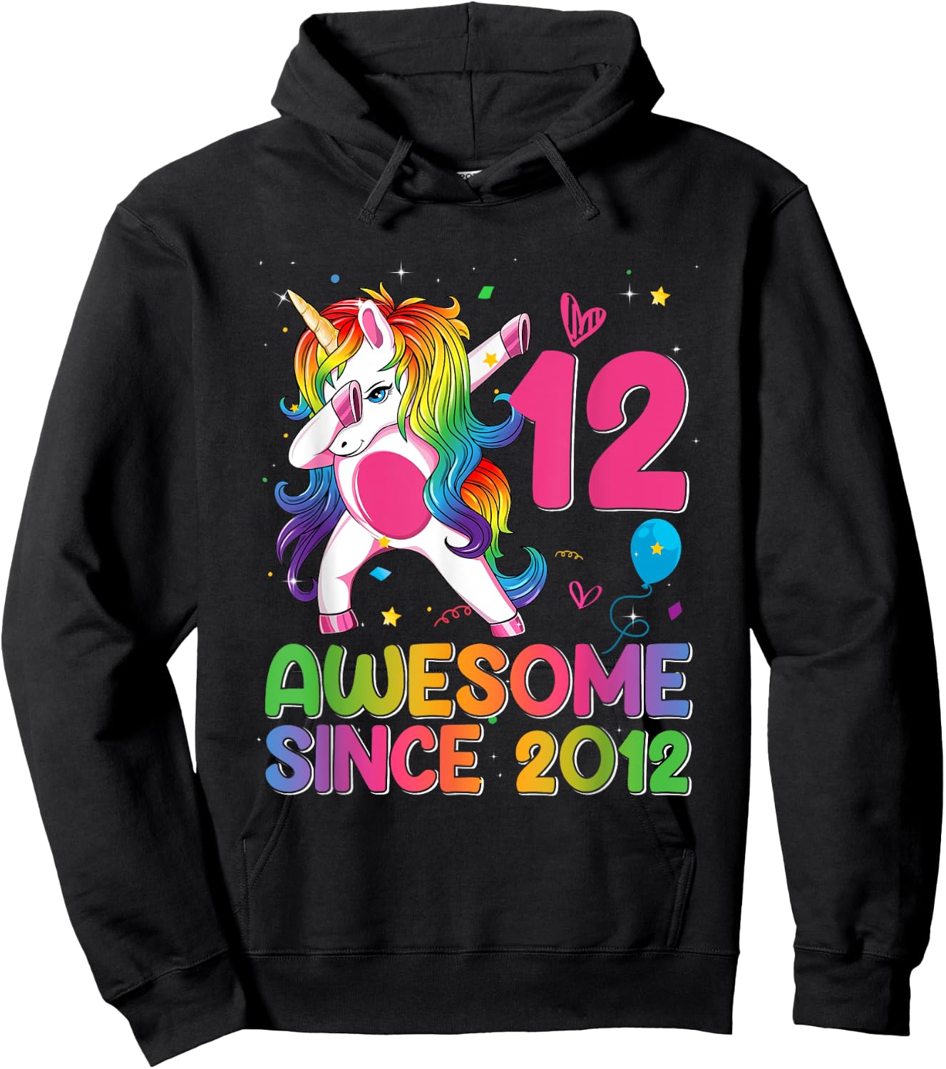 12 Years Old Awesome Since 2012 12th Birthday Unicorn Girls Hoodie - Hoodie | Black