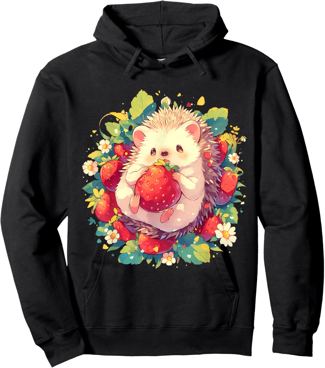 Strawberry Hedgehog Floral Drawing Wildlife Cute Hedgehog Hoodie - Hoodie | Black