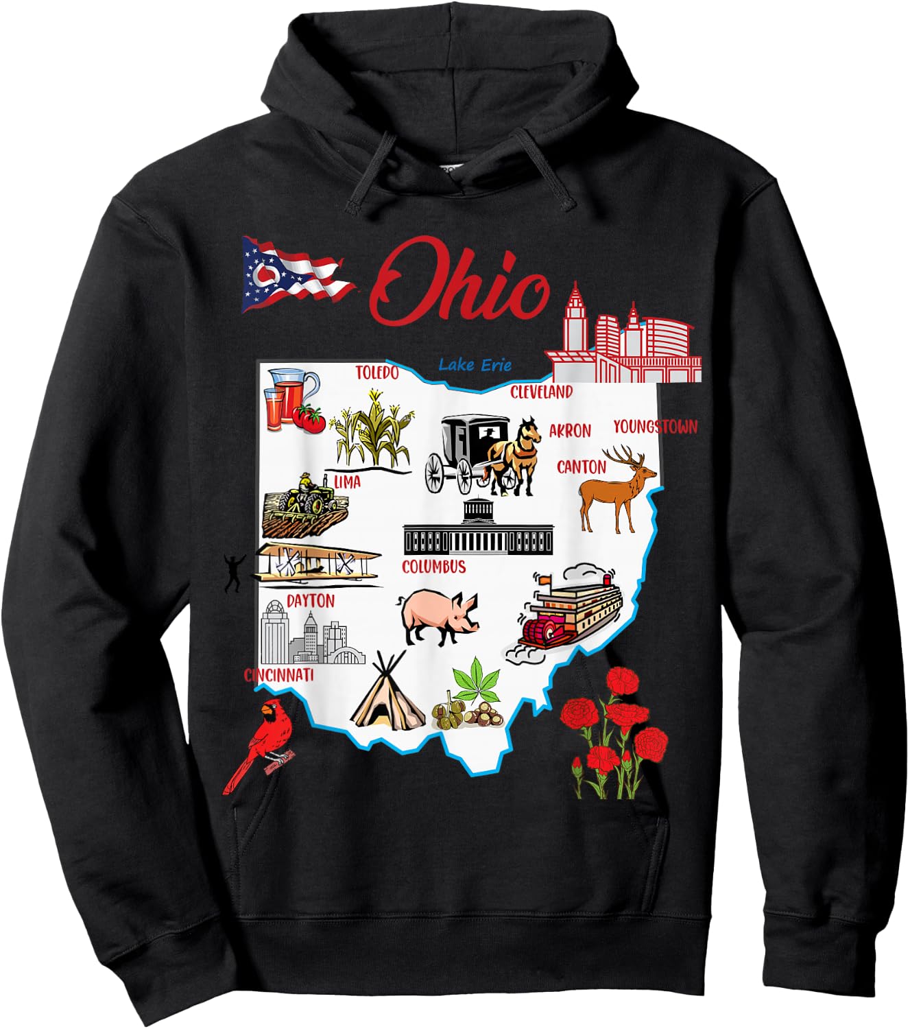 Illustrated map of the state of Ohio in the USA, major cities Hoodie - Hoodie | Black
