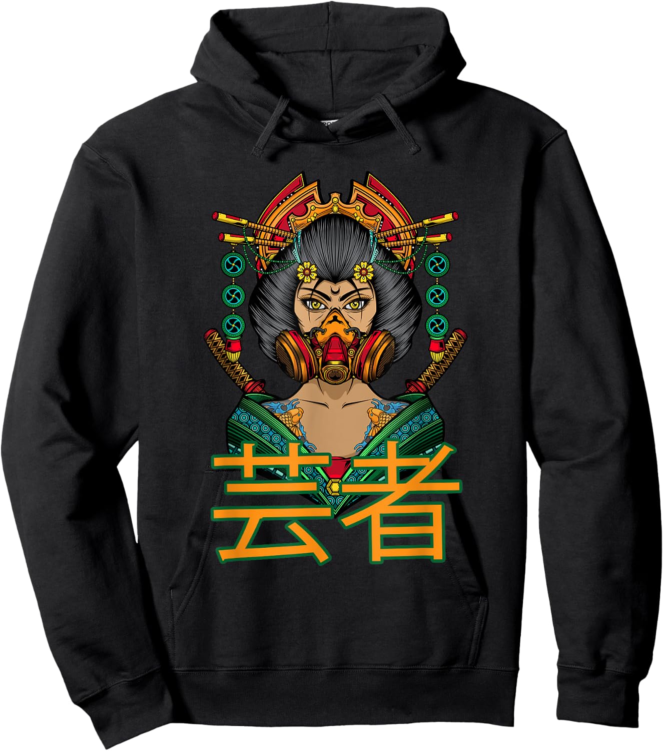 Beautiful Japanese Geisha with Samurai, Gas Mask and Flowers Hoodie - Hoodie | Black