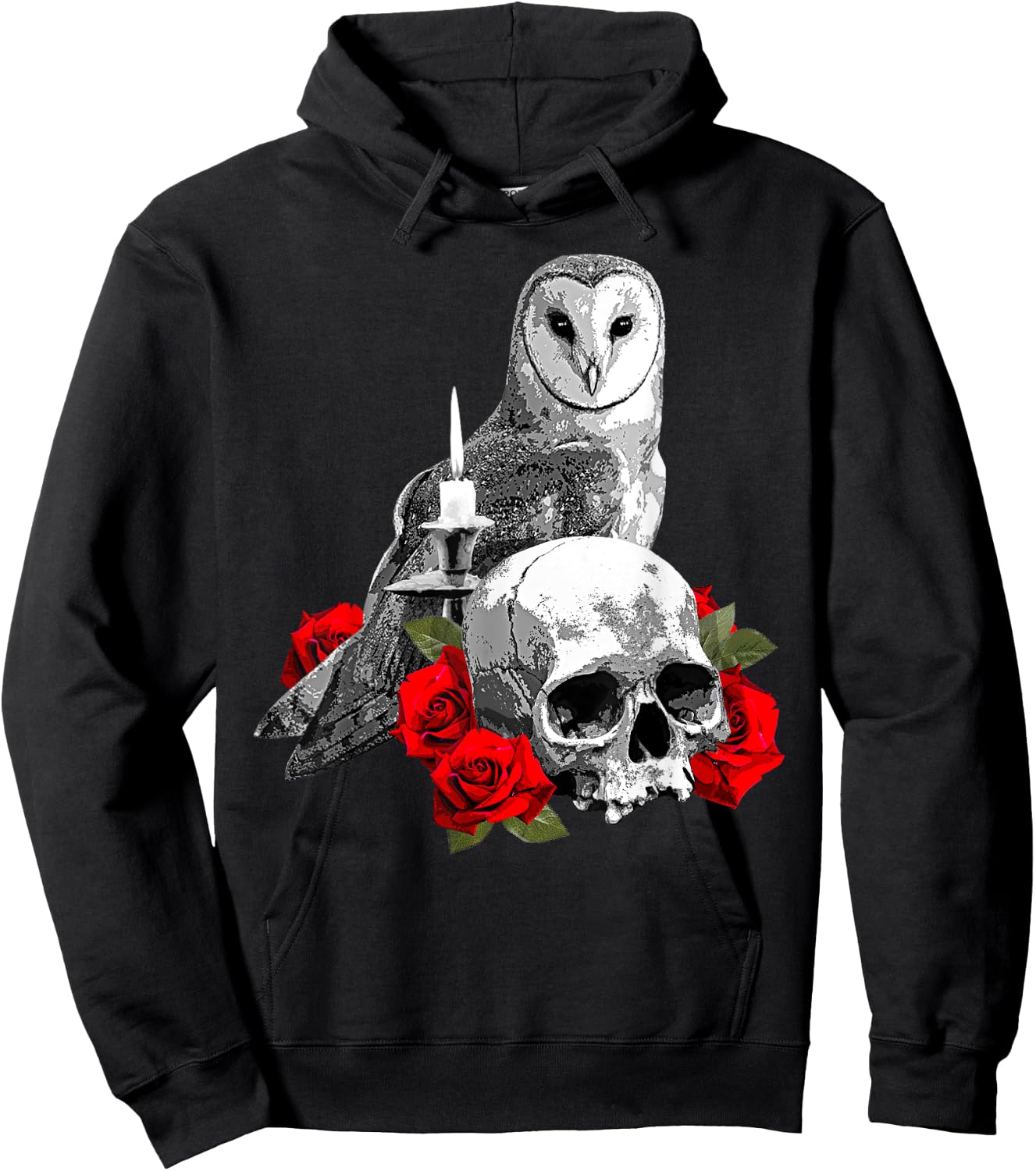 Spooky Witch Skull, Wiccan Owl and Candle with Red Roses Hoodie - Hoodie | Black