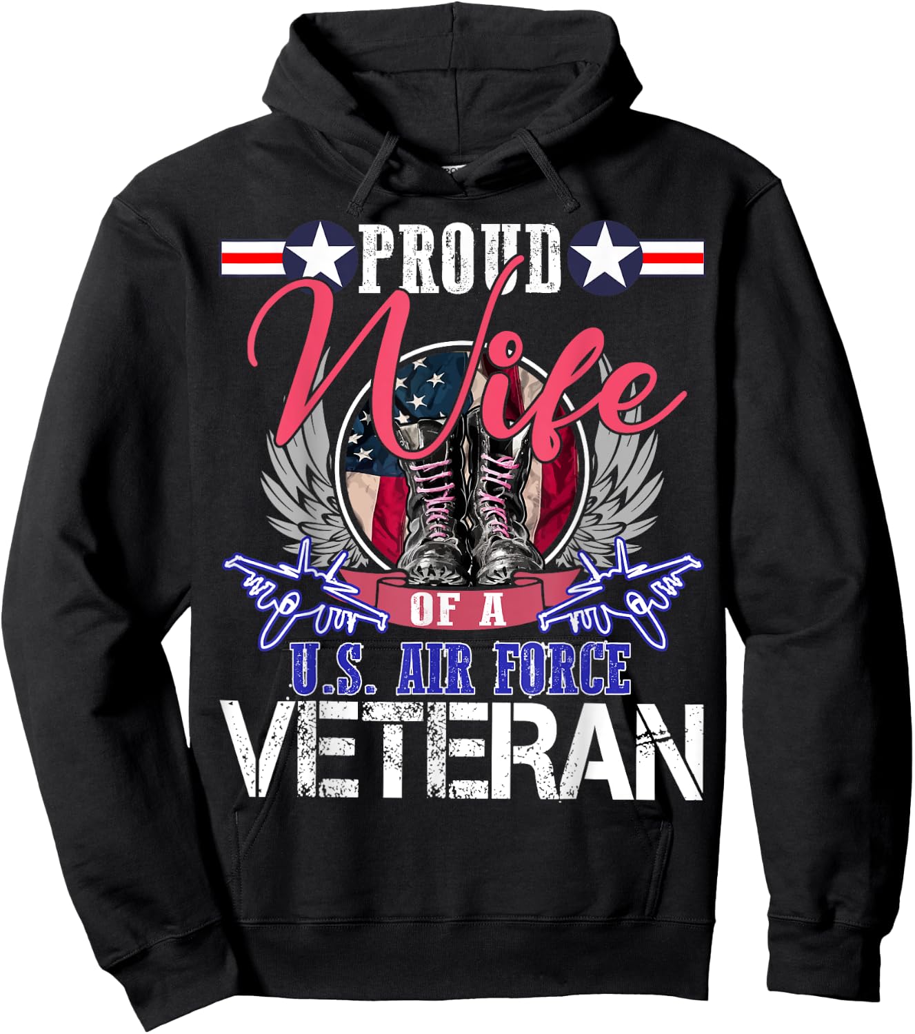 Vintage Proud Wife Of A U.S. Air Force Veteran Gift Mom Dad Hoodie - Hoodie | Black