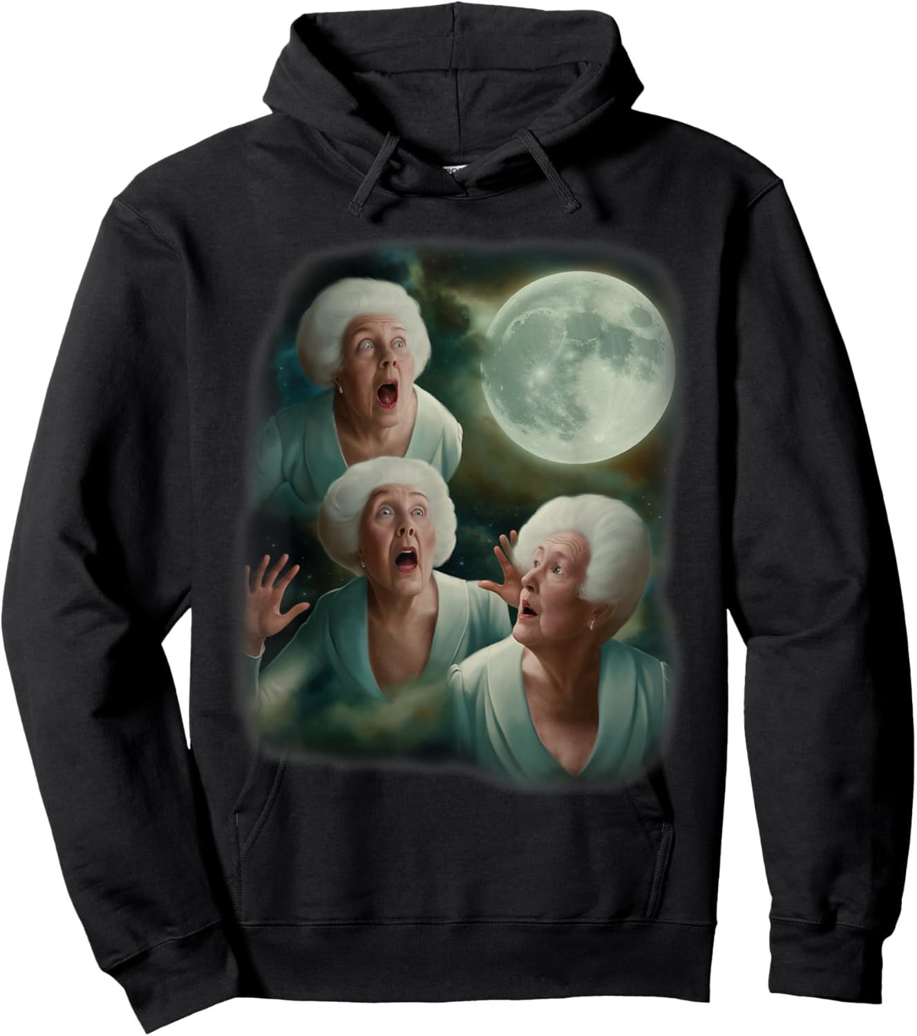 Three Granny Moon | 3 Old Ladys Howling Weird Cursed Meme Hoodie - Hoodie | Black
