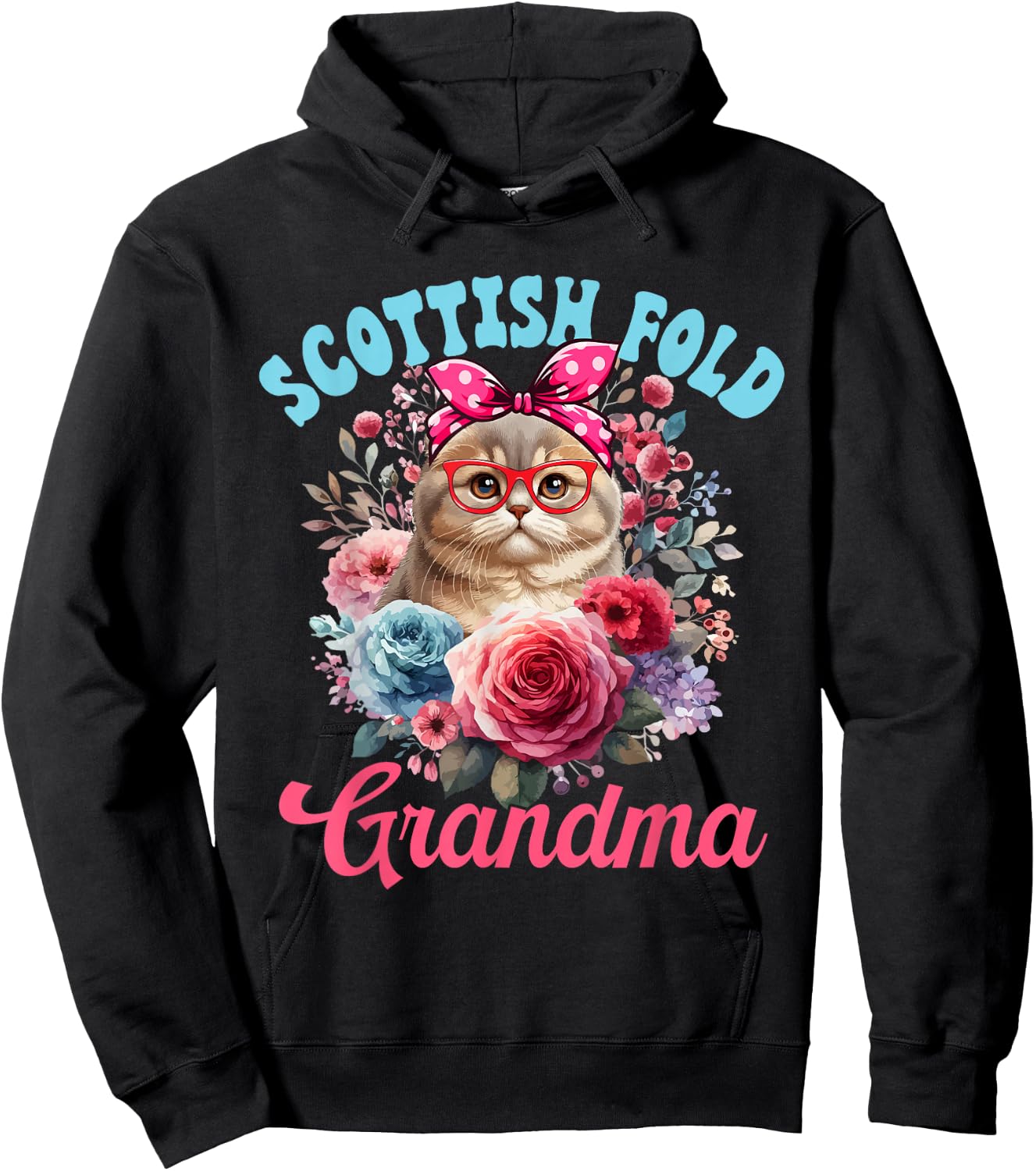 Scottish Fold Grandma Mother's Day Cat Bow Tie Floral Hoodie - Hoodie | Black