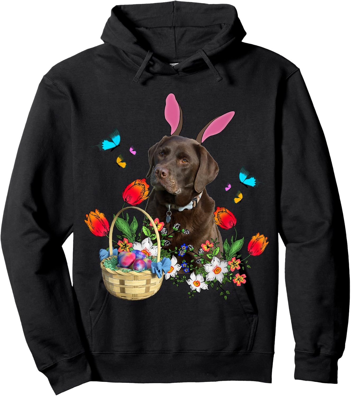 Chocolate Labrador Bunny Dog With Easter Eggs Basket Spring Women Girls Kids Hoodie - Hoodie | Black