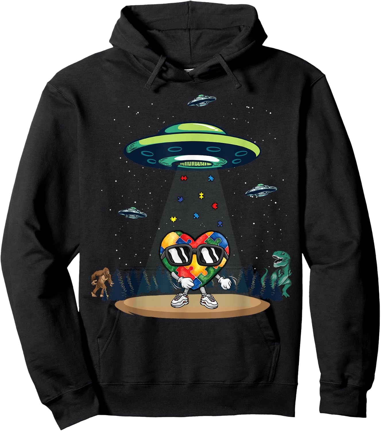 UFO Dinosaur Bigfoot Love Kindness Autism Awareness Puzzle Hoodie - Hoodie | Black
