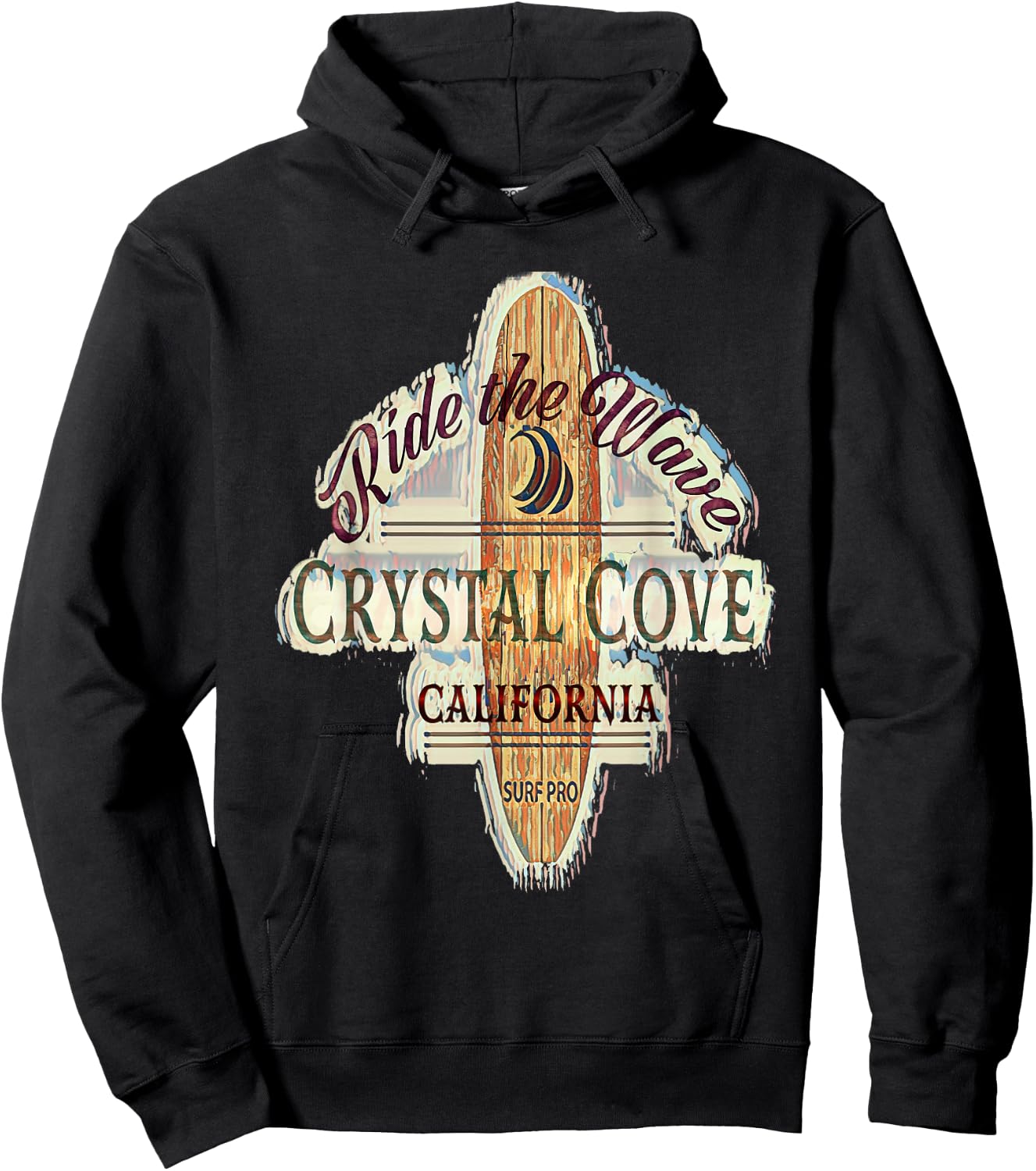 Crystal Cove Surfing Distressed Vintage Retro Surfboard Hoodie - Hoodie | Black