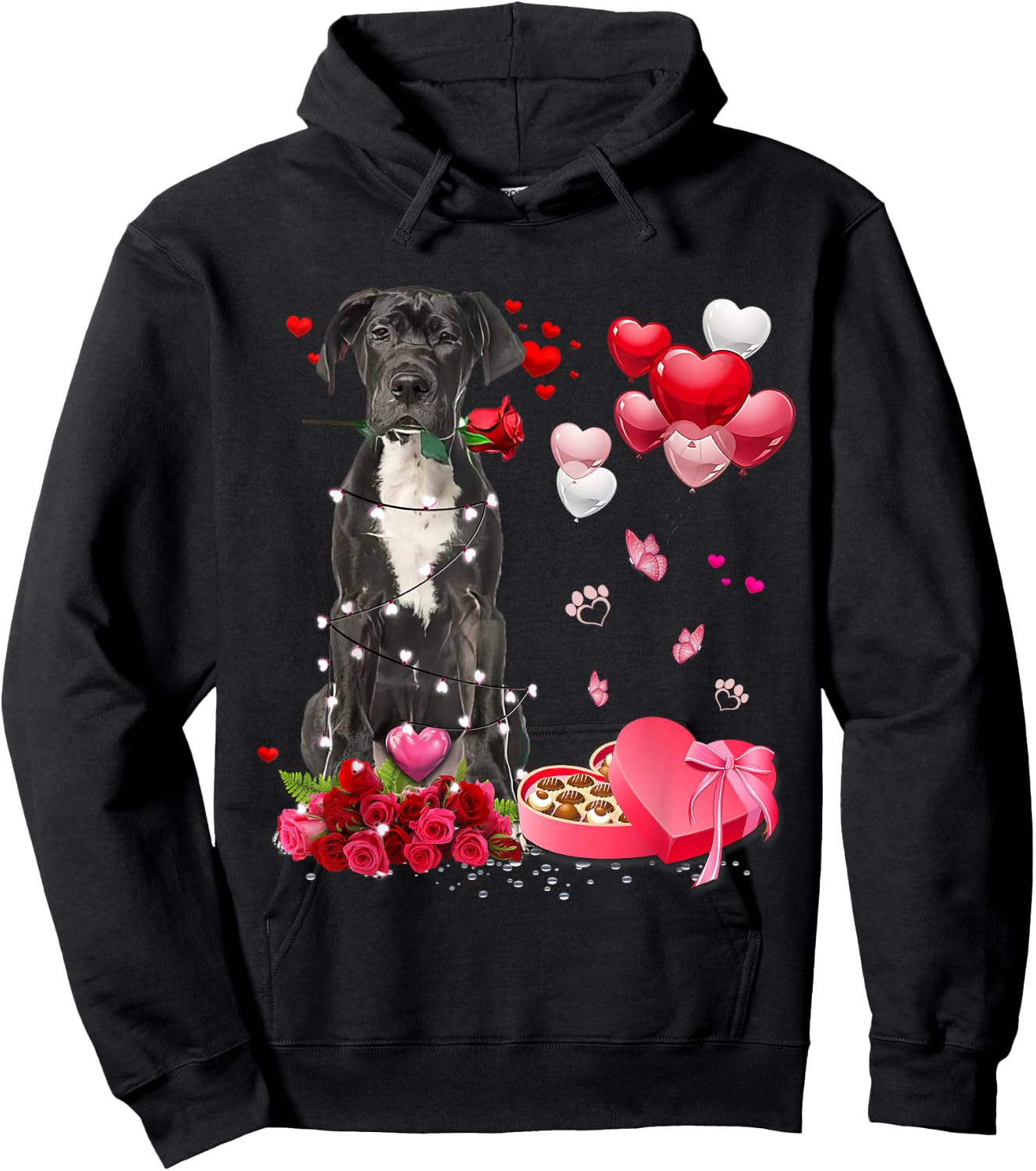 Funny Great Dane Rose Heart Happy Valentine Day Dog Mom Hoodie - Hoodie | Black