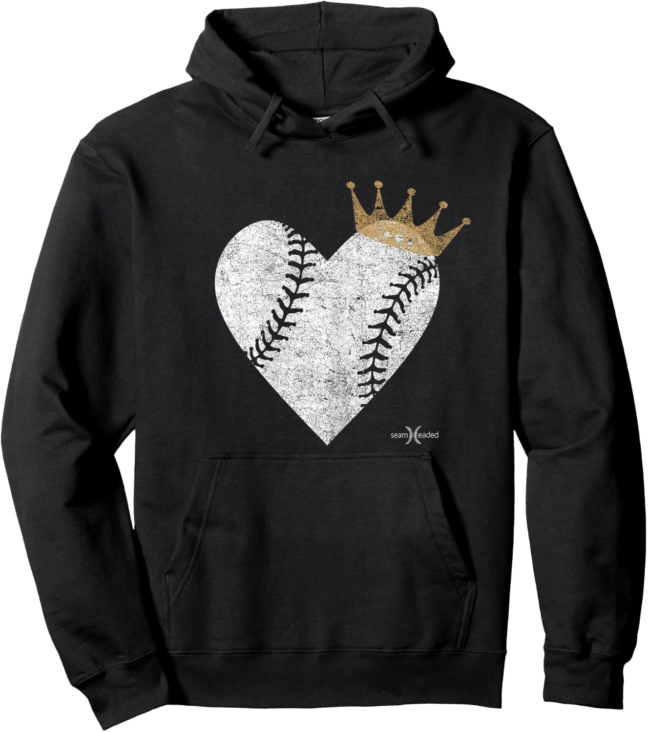 Vintage Baby Blue Royal Baseball Heart with Crown Hoodie - Hoodie | Black