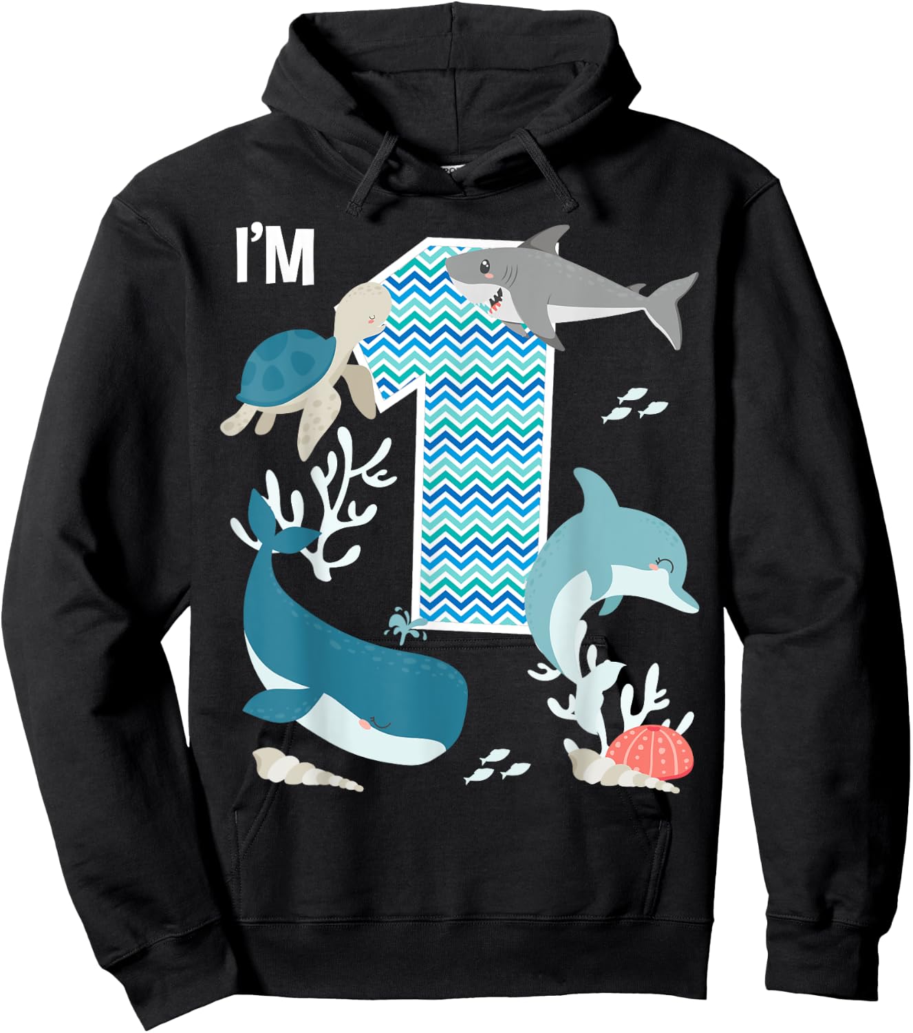 Kids 1 Year Old Ocean Life Whale Dolphin Shark 1st Birthday Hoodie - Hoodie | Black