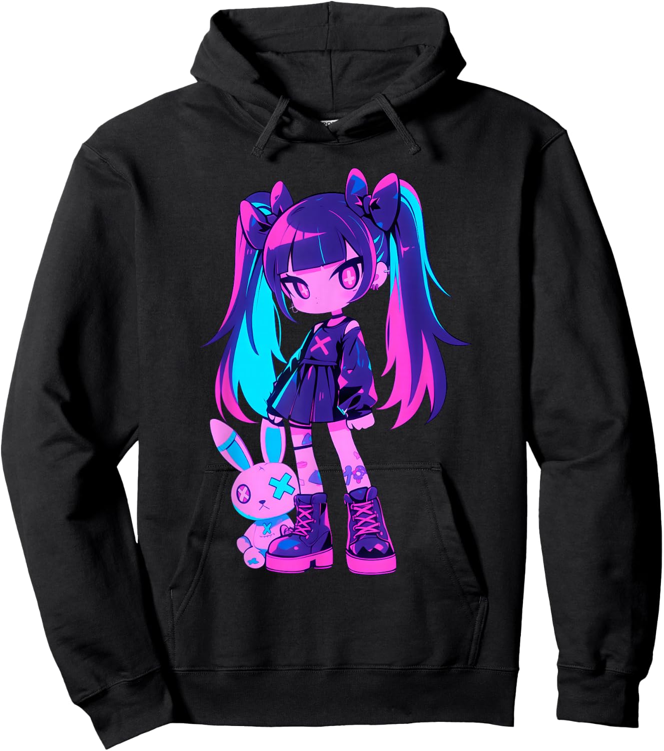 Cute E-Girl Anime Girl Grunge Goth Bunny Gothic Outfit Hoodie - Hoodie | Black