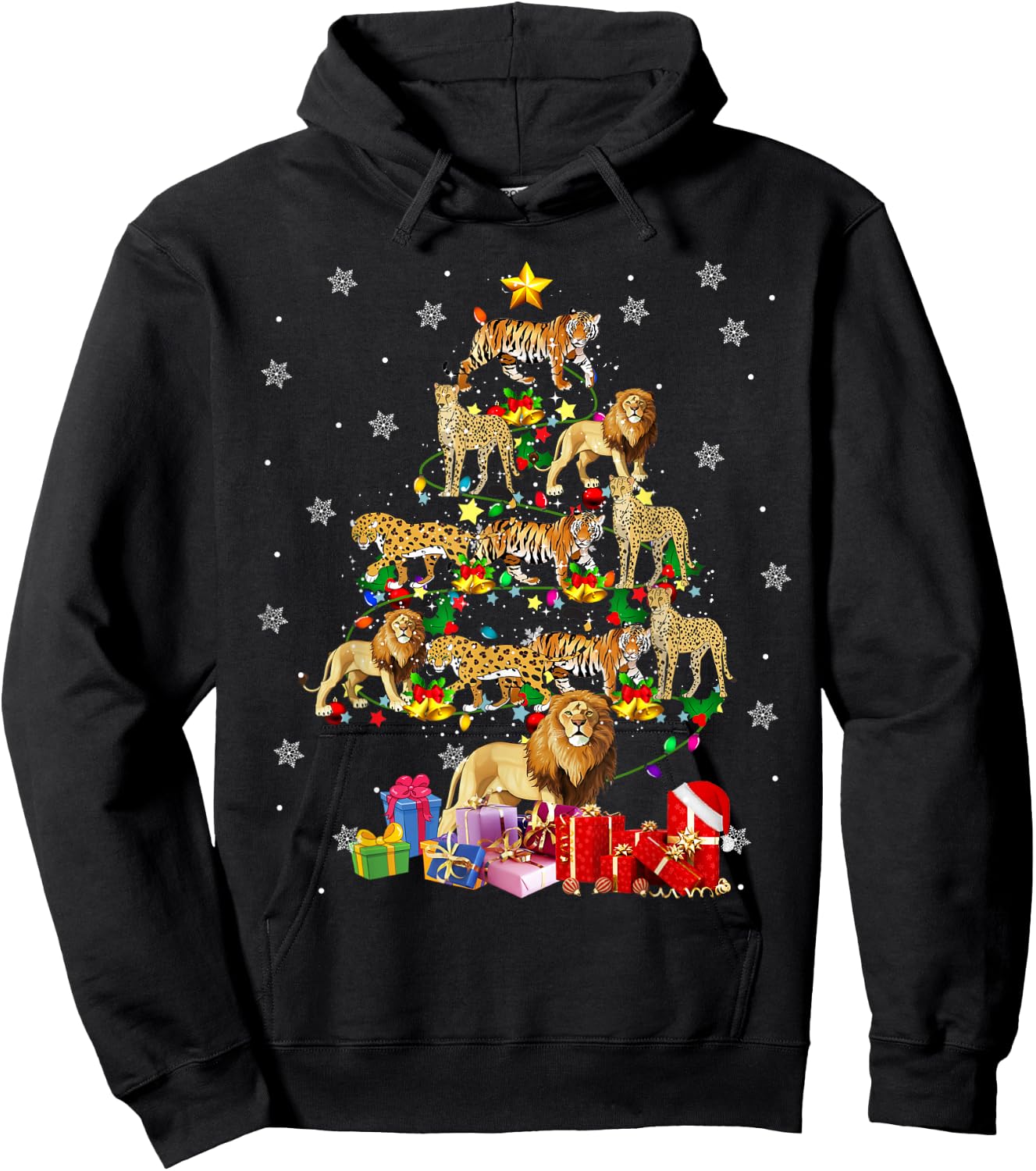 Wild Animal Christmas Tree Xmas Lion Tiger Cheetah Leopard Hoodie - Hoodie | Black
