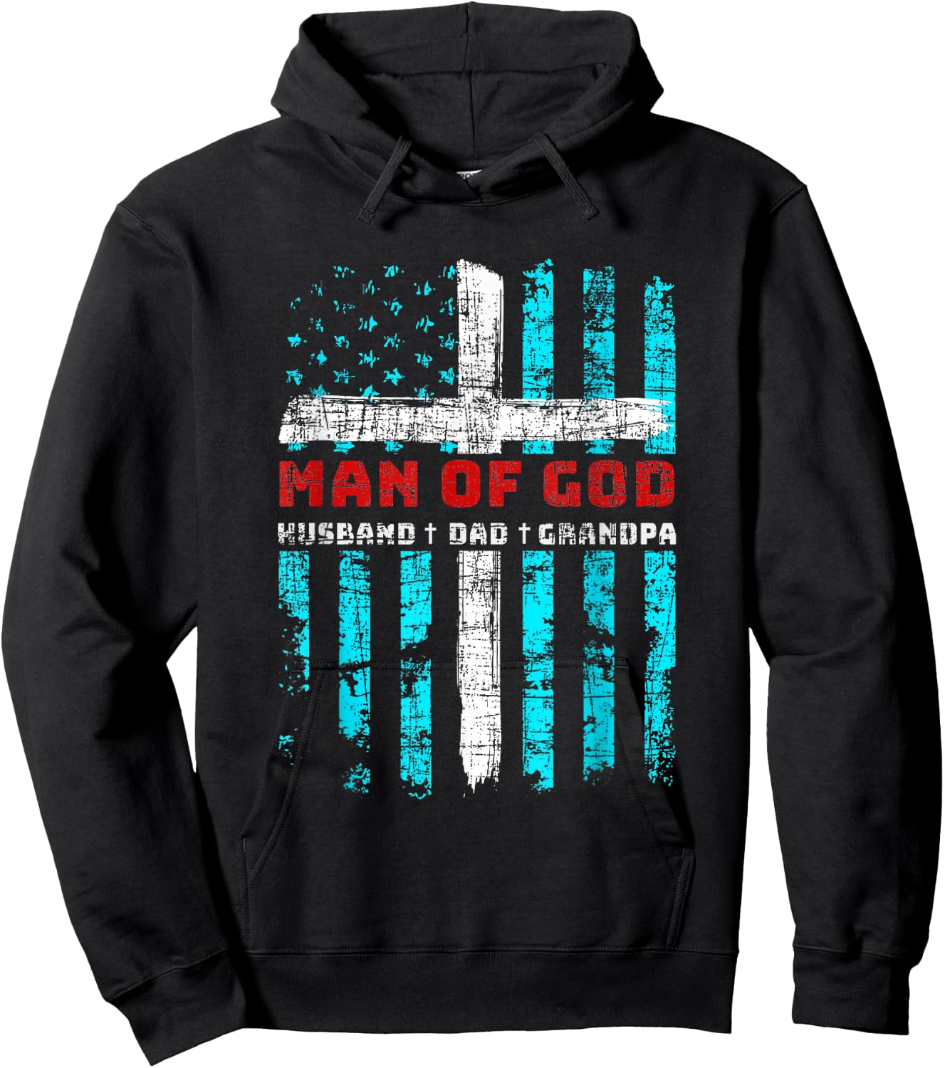 Man Of God Husband Dad Grandpa American Flag Christian Cross Hoodie - Hoodie | Black