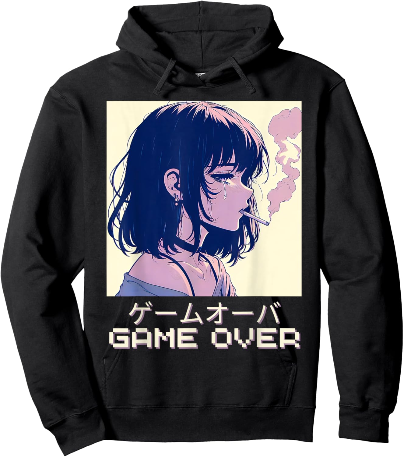 90s Japanese Sad Anime Girl Game Over Vaporwave Aesthetic Hoodie - Hoodie | Black