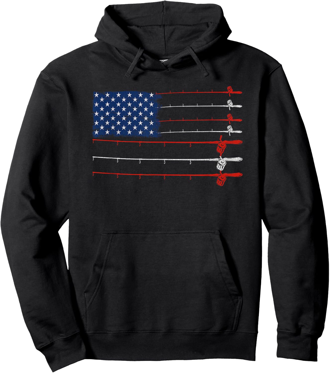 Vintage Fishing Gift | Patriotic American Flag Fishing Poles Hoodie - Hoodie | Black