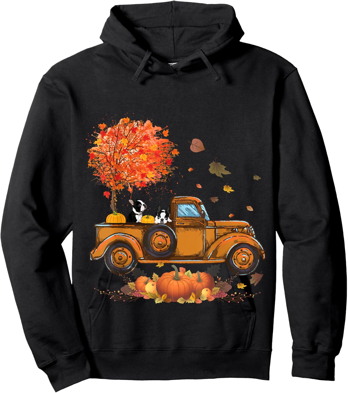 Boston Terrier Pumpkins Truck Autumn Leaf Fall thanksgiving Hoodie - Hoodie | Black