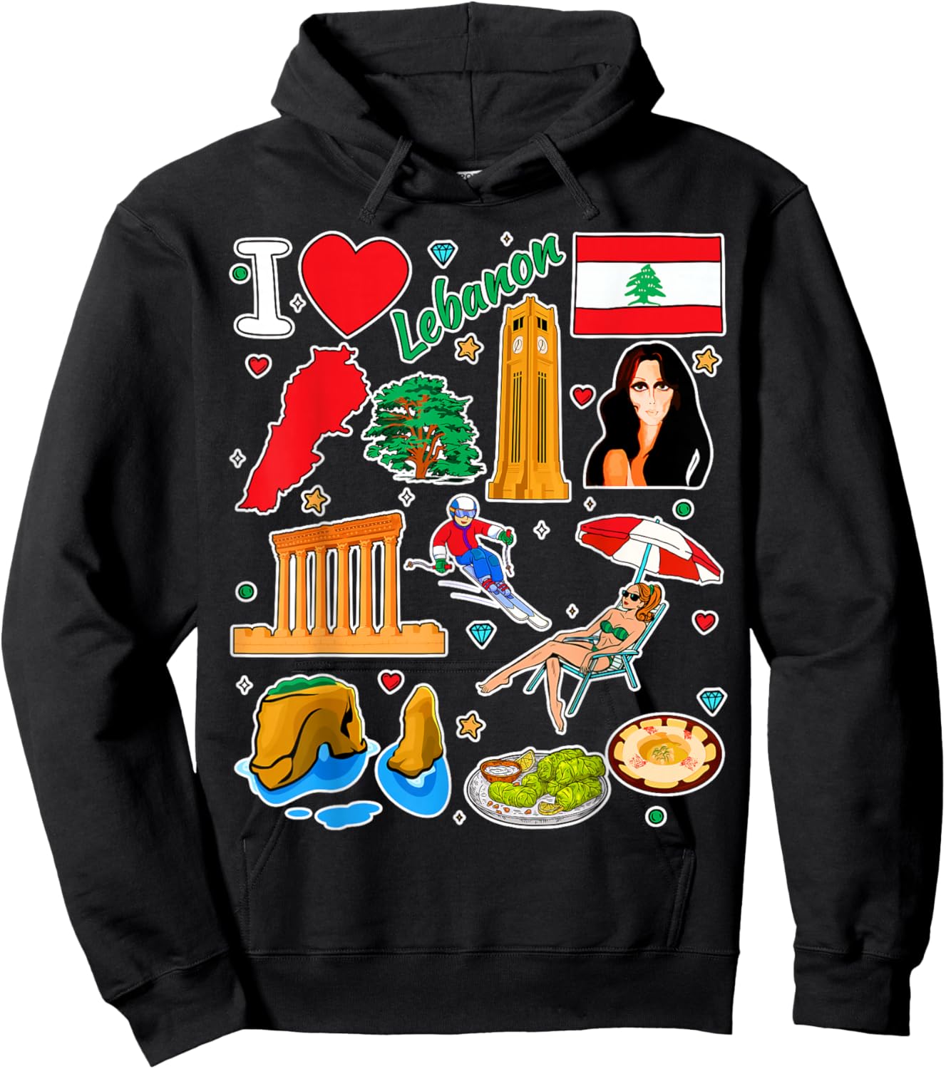 Lebanese hand drawn symbols, Lebanon map, cultural icons Hoodie - Hoodie | Black