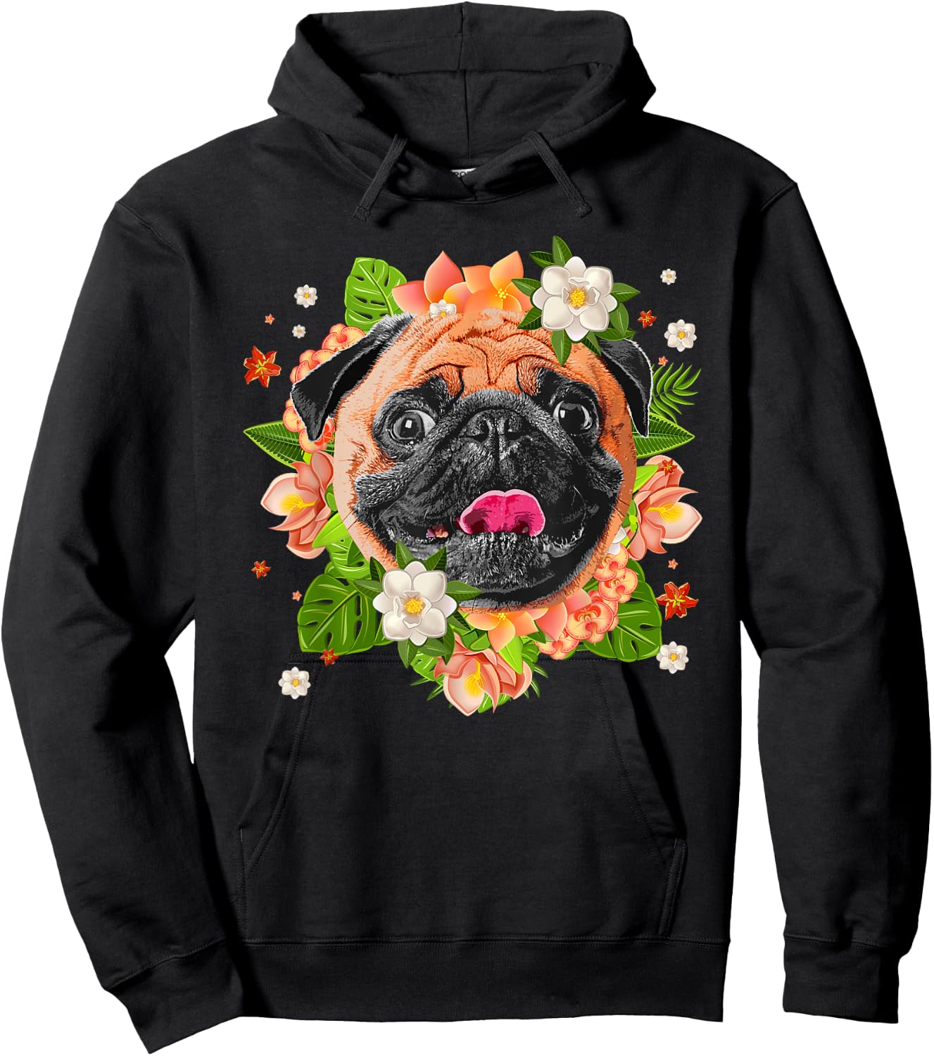 Cool Pug Dog Women Girls Pug Lovers Flower Hawaiian Hoodie - Hoodie | Black
