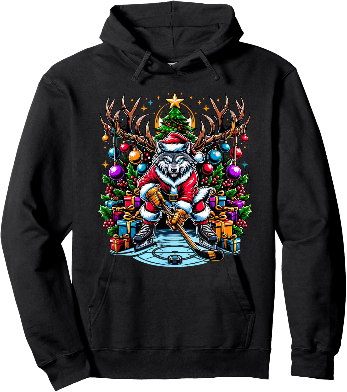 Funny Santa Wolf Playing Hockey Christmas Hoodie - Hoodie | Black