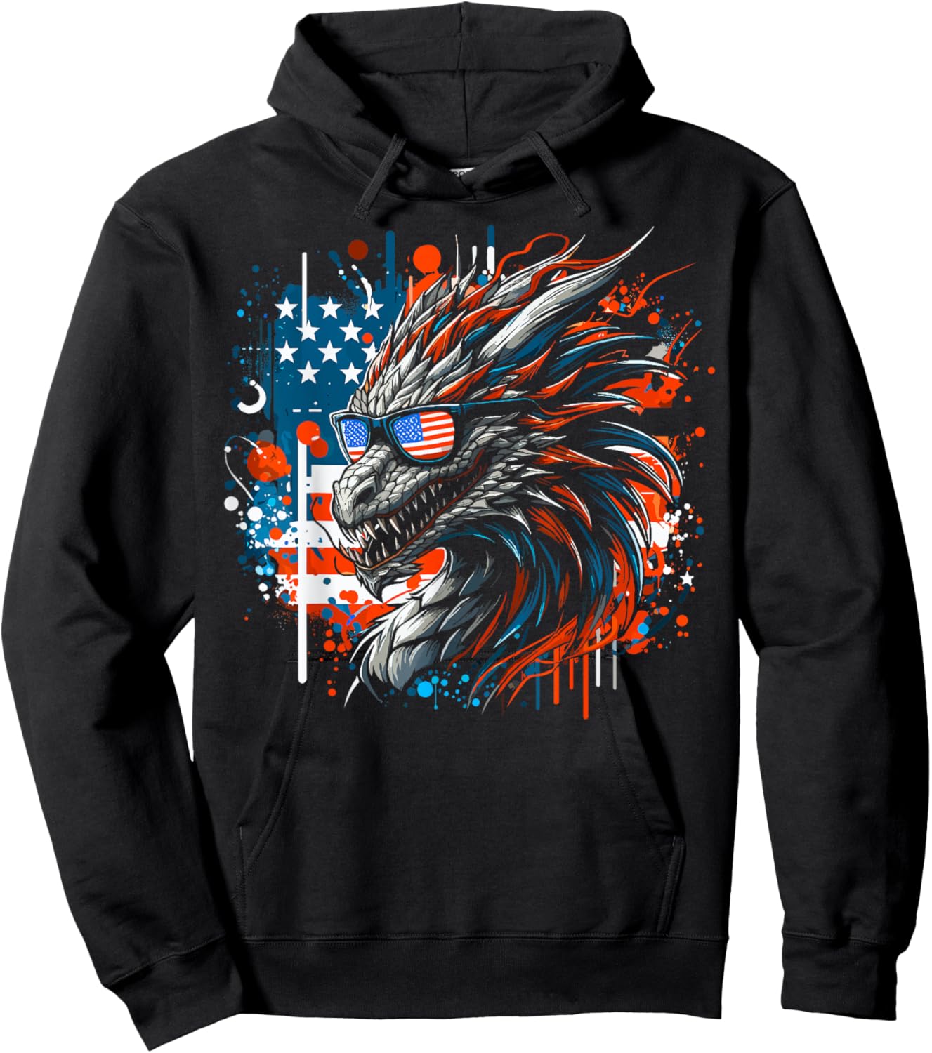 4th of July Patriotic Dragon Fantasy Blue & Red Dragon USA Hoodie - Hoodie | Black