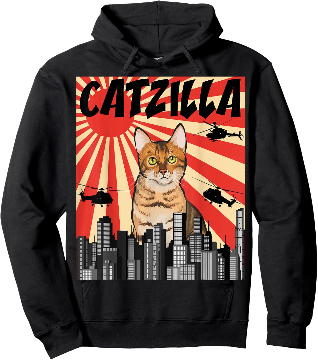 Funny Retro Japanese Catzilla Bengal Cat Hoodie - Hoodie | Black